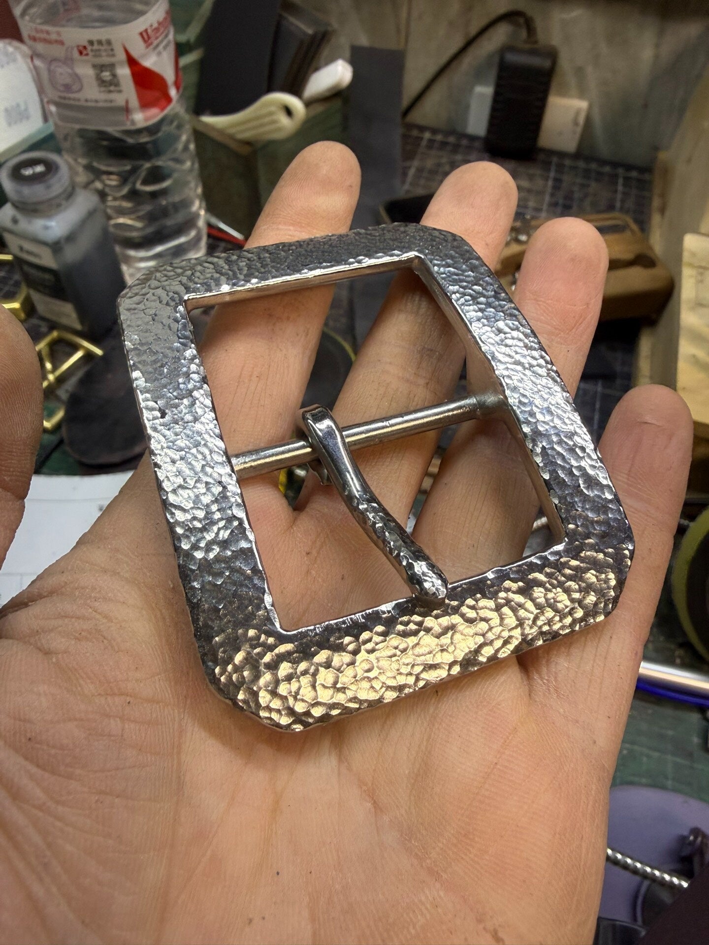 Larger and wider stainless steel hand-hammered belt buckle