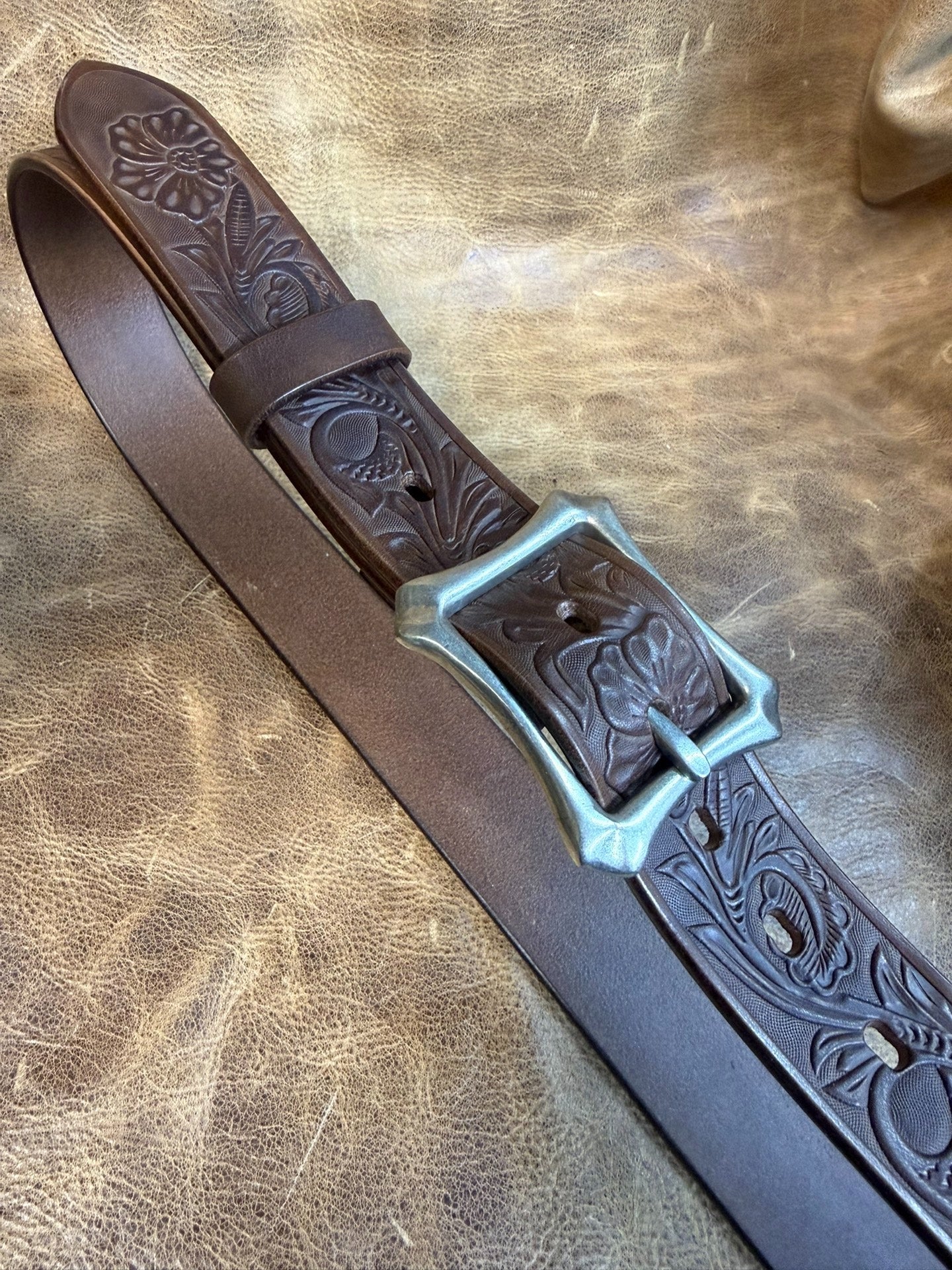 Meian's custom-made brown carved handmade belt
