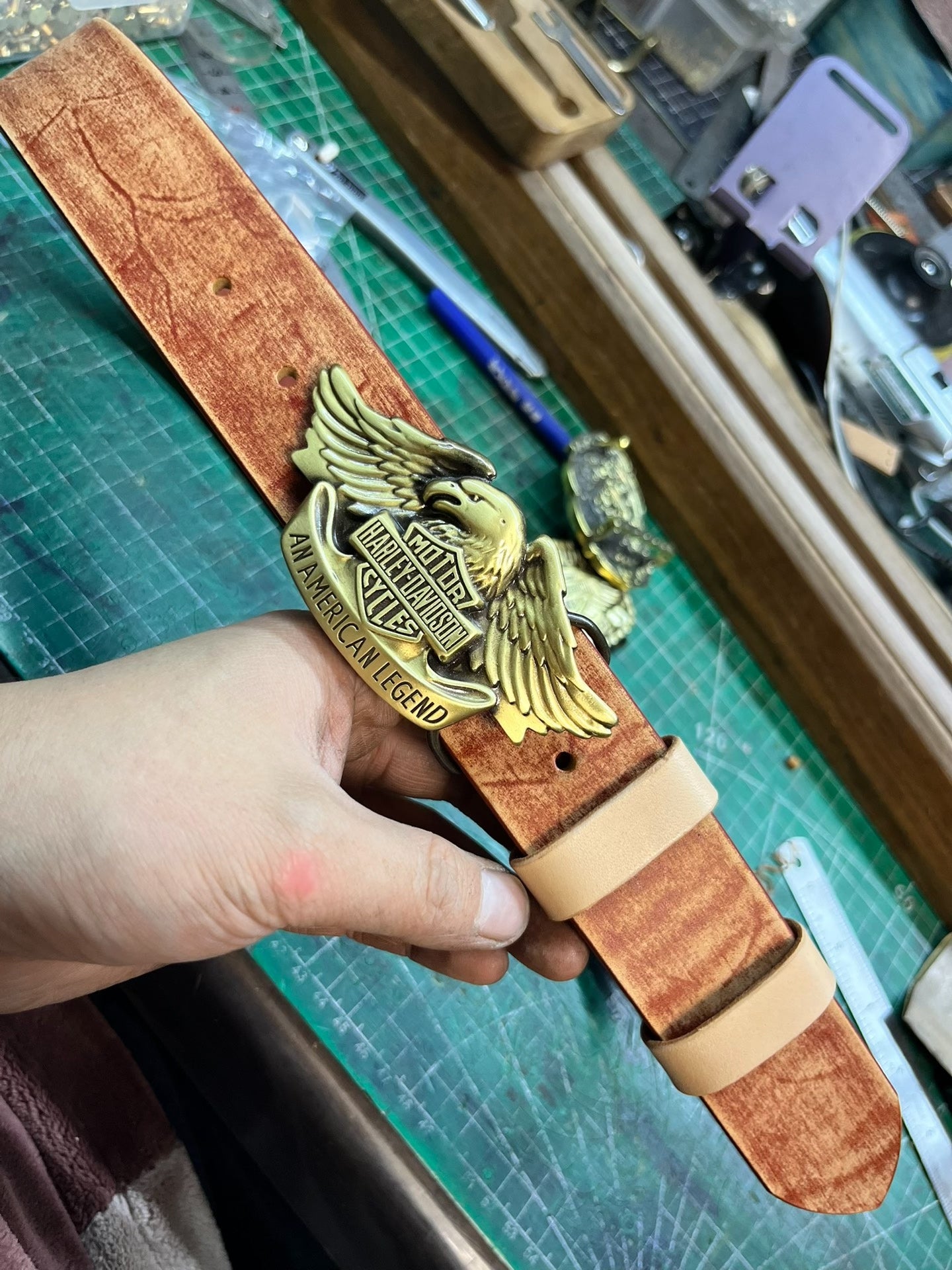 Harley Motorcycle Leather Belt — Solid Brass + Italian Top-Grain