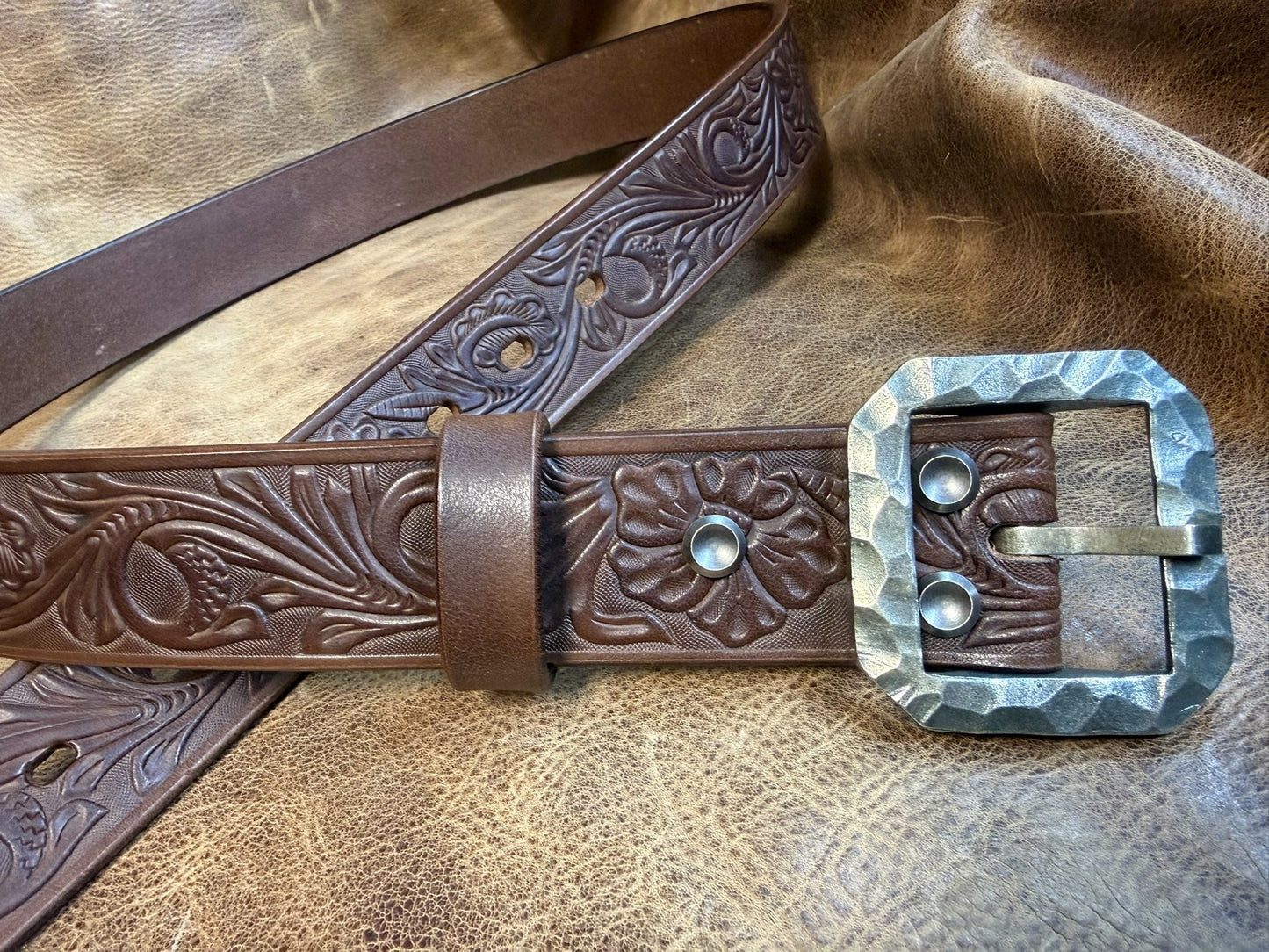 Meian's custom-made brown carved handmade belt