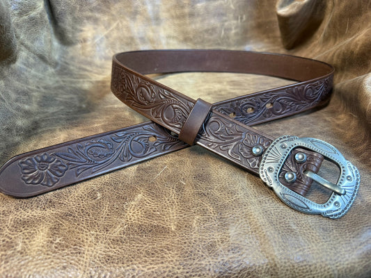Meian's custom-made brown carved handmade belt