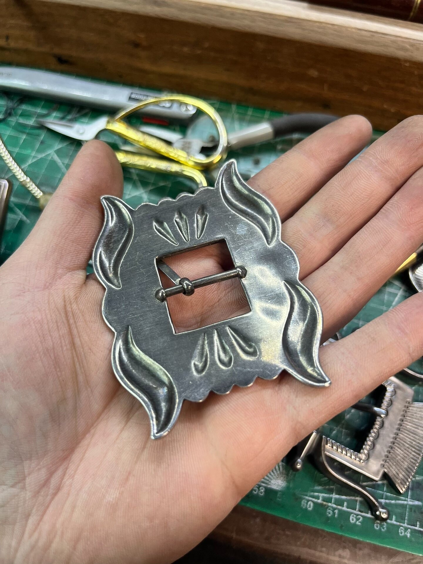 RRL Vintage Brass Buckle — Thick Silver Plating, Natural Patina