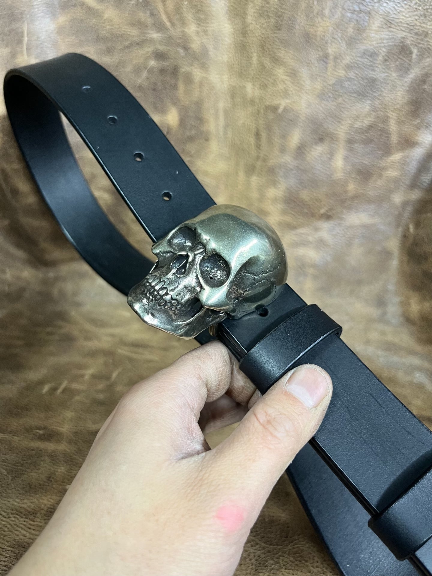 American retro skull pure copper belt buckle with black Italian veg…