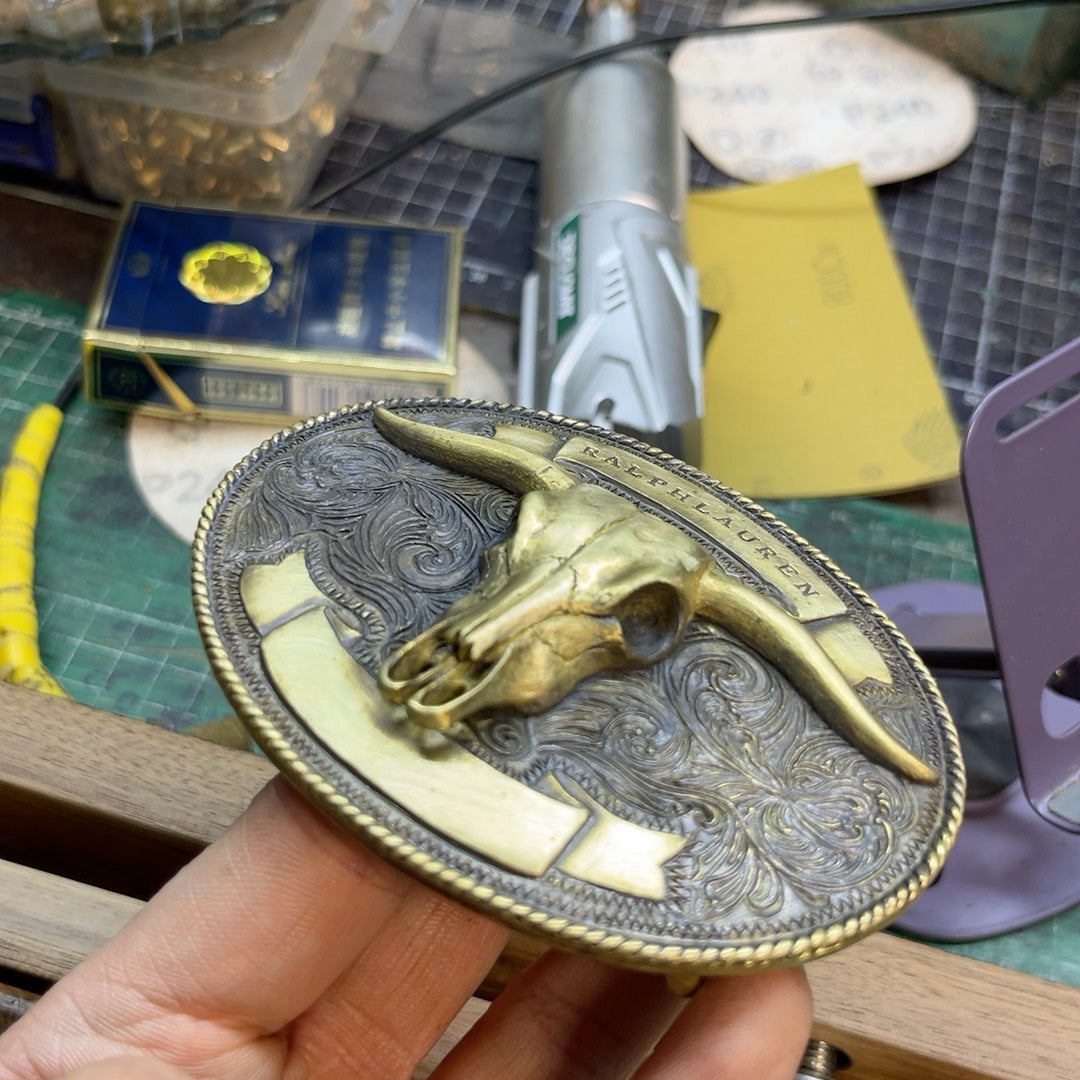 RL second-hand brass bull head belt buckle