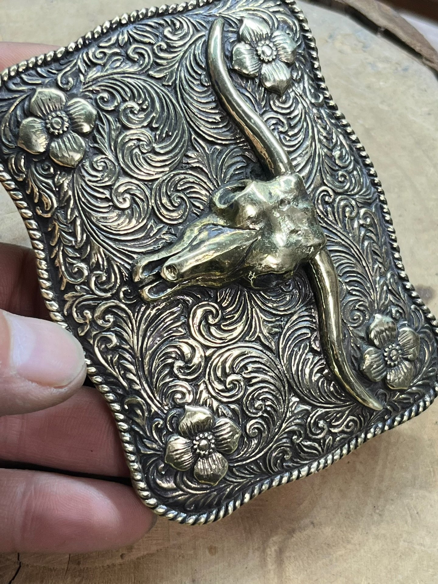Handmade western medieval Ami khaki bull head belt with brass belt…