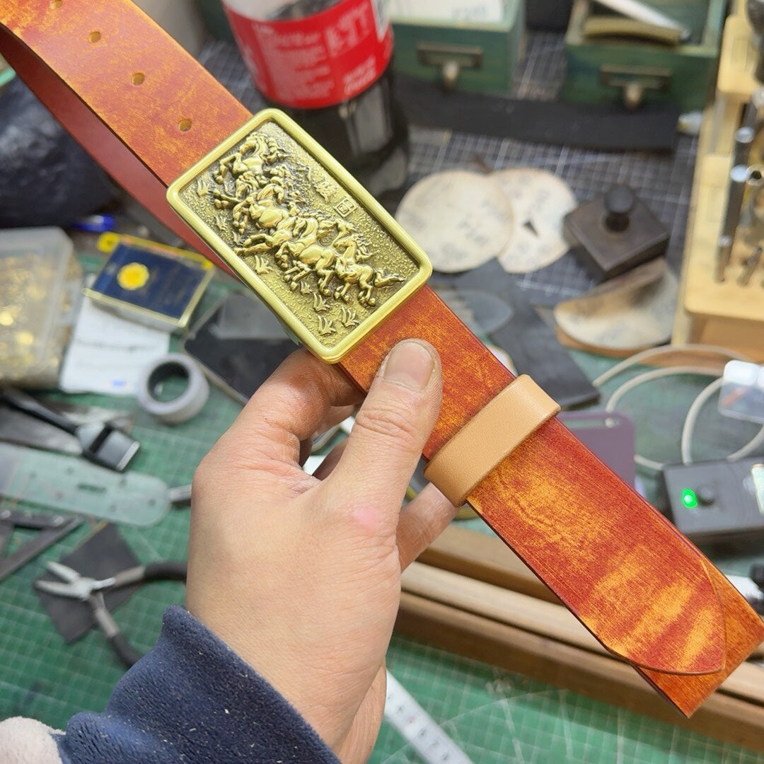 Brand-New 'Eight Horses' Embossed Leather Belt