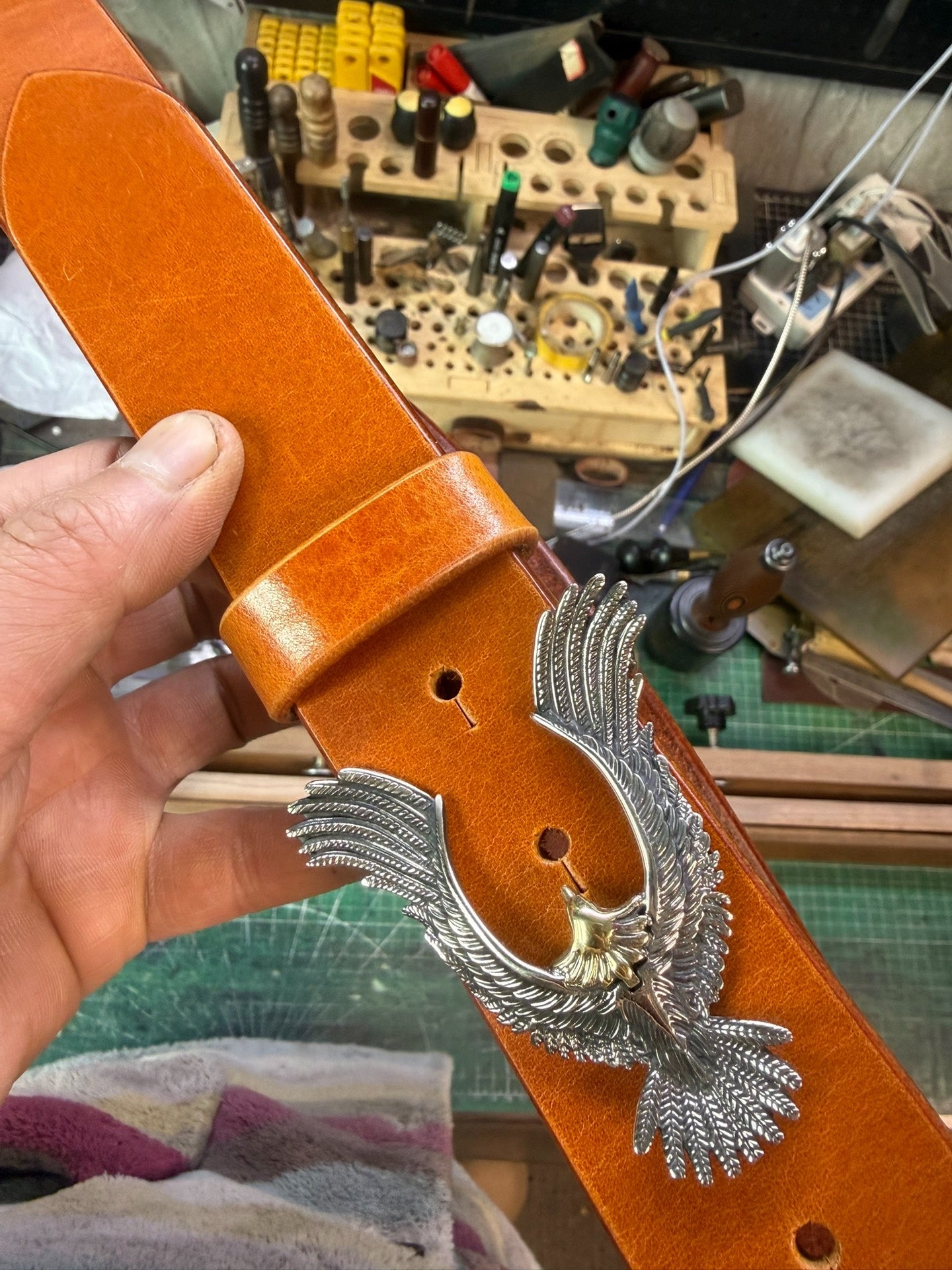 Pure copper Takahashi style eagle belt buckle with natural cowhide…