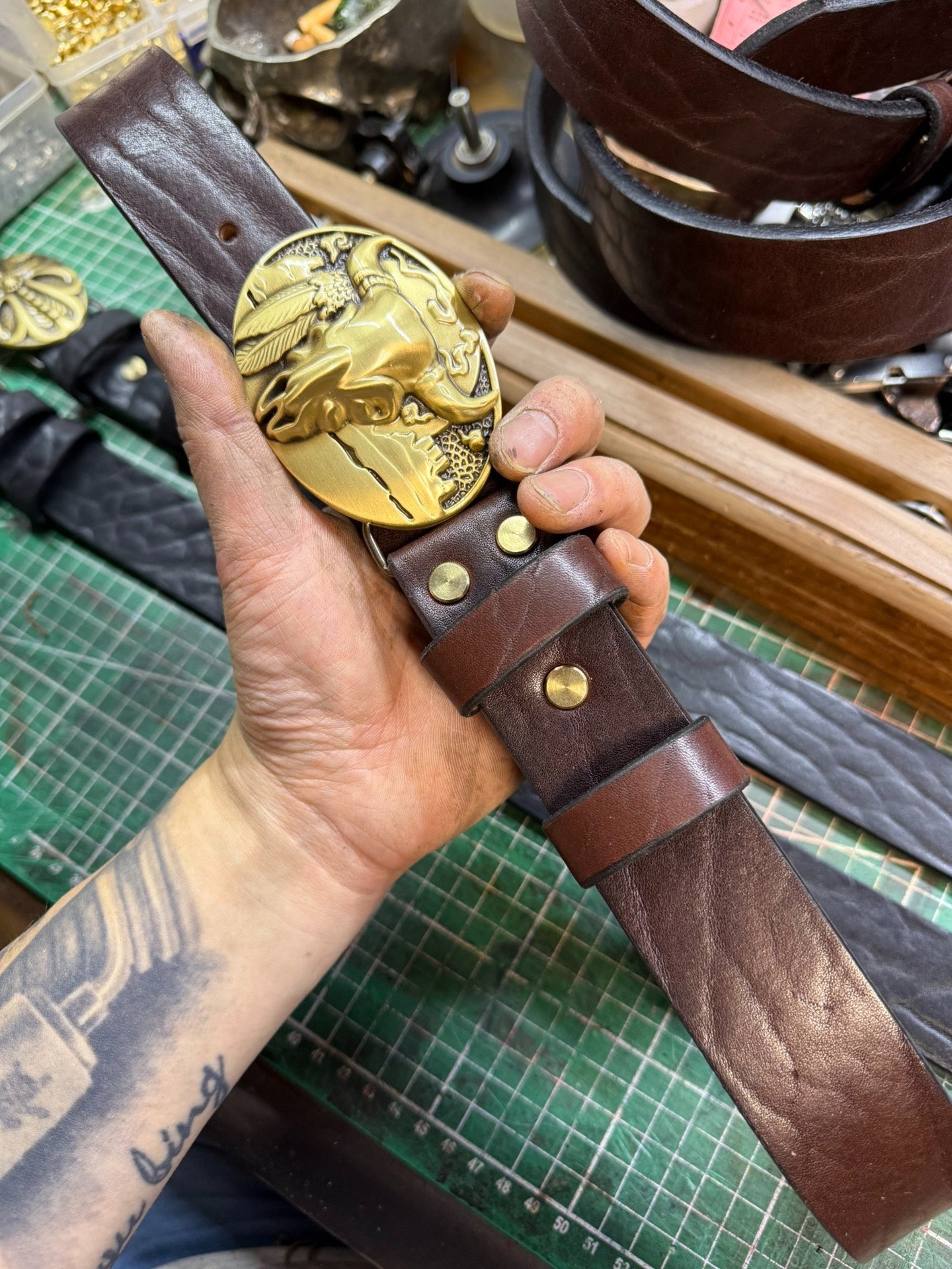 6 mm thick black bison leather handmade belt