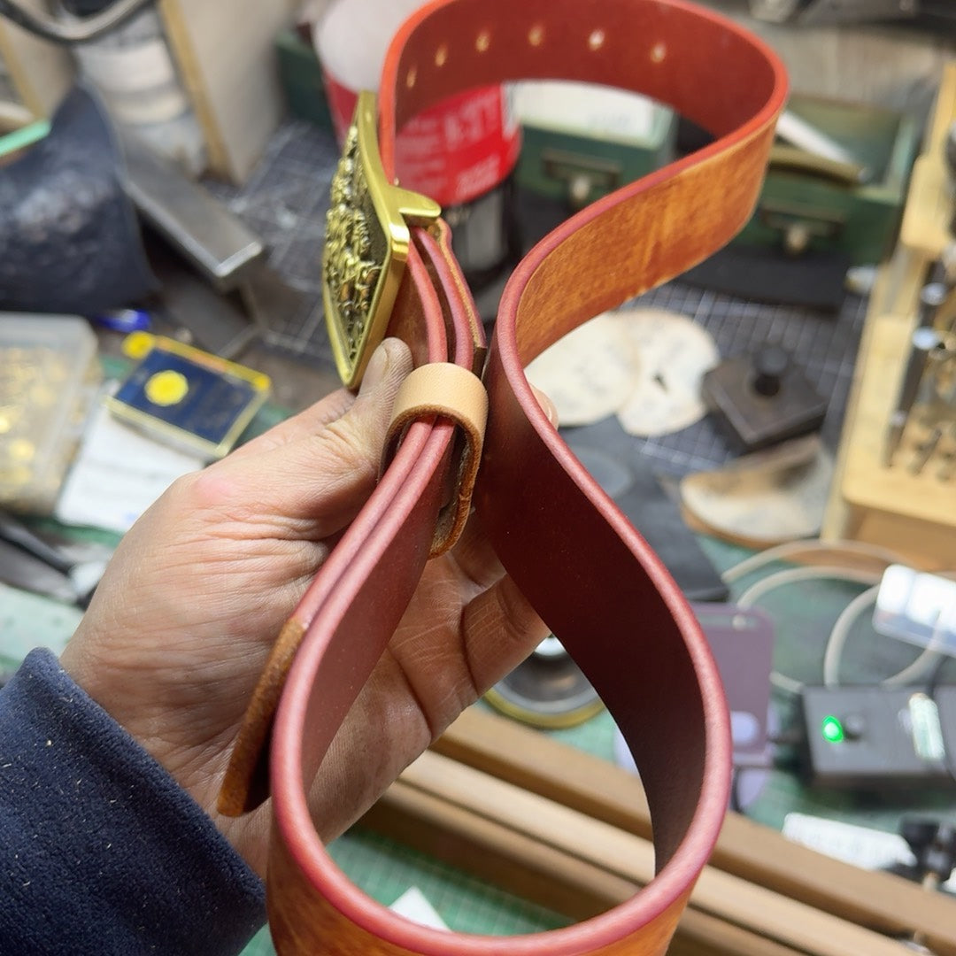 Brand-New 'Eight Horses' Embossed Leather Belt