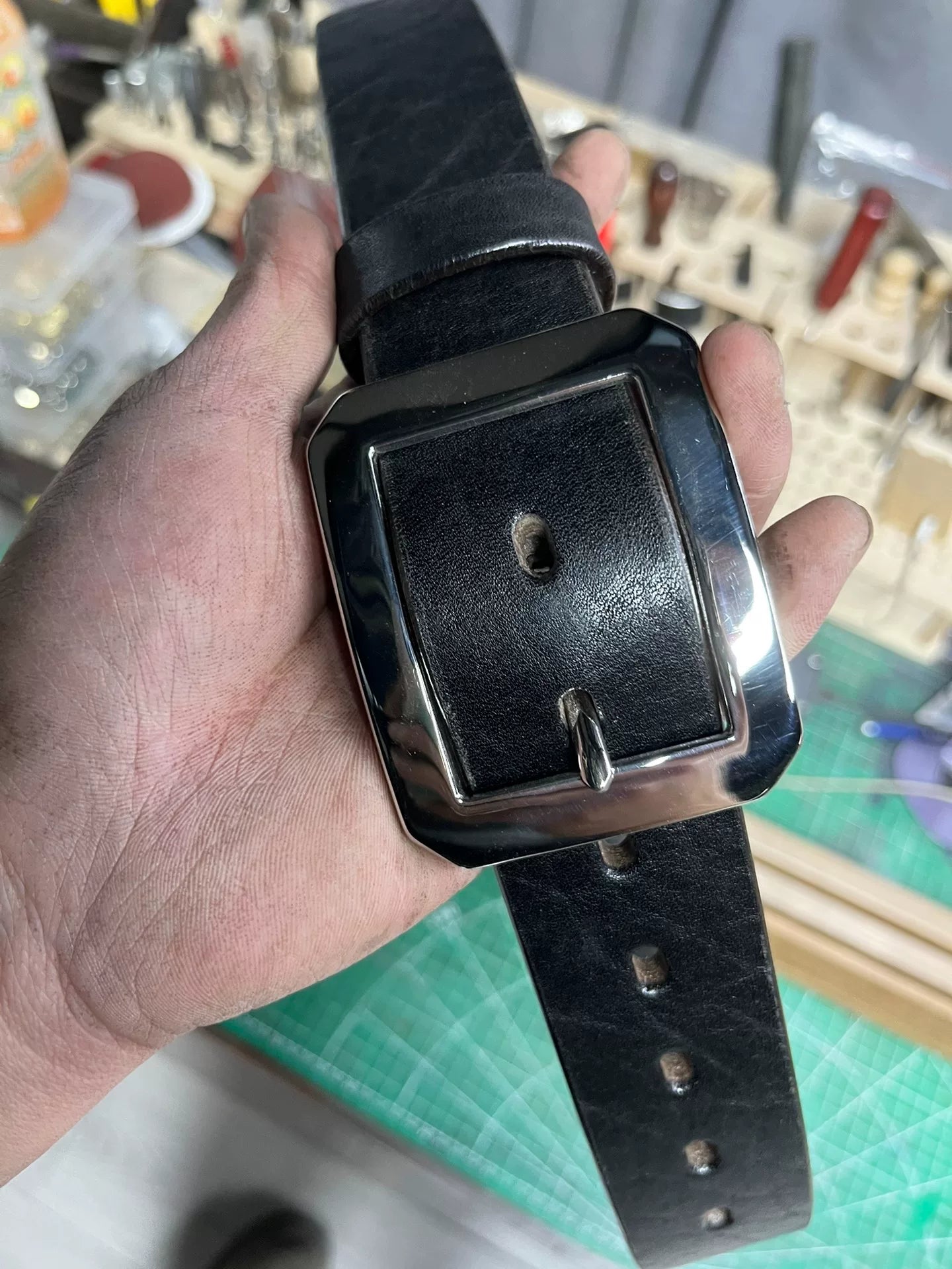 Black dyed bison leather handmade belt imported from North America