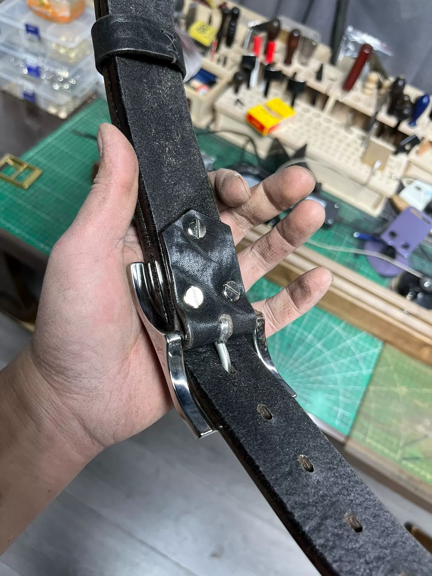 Black dyed bison leather handmade belt imported from North America