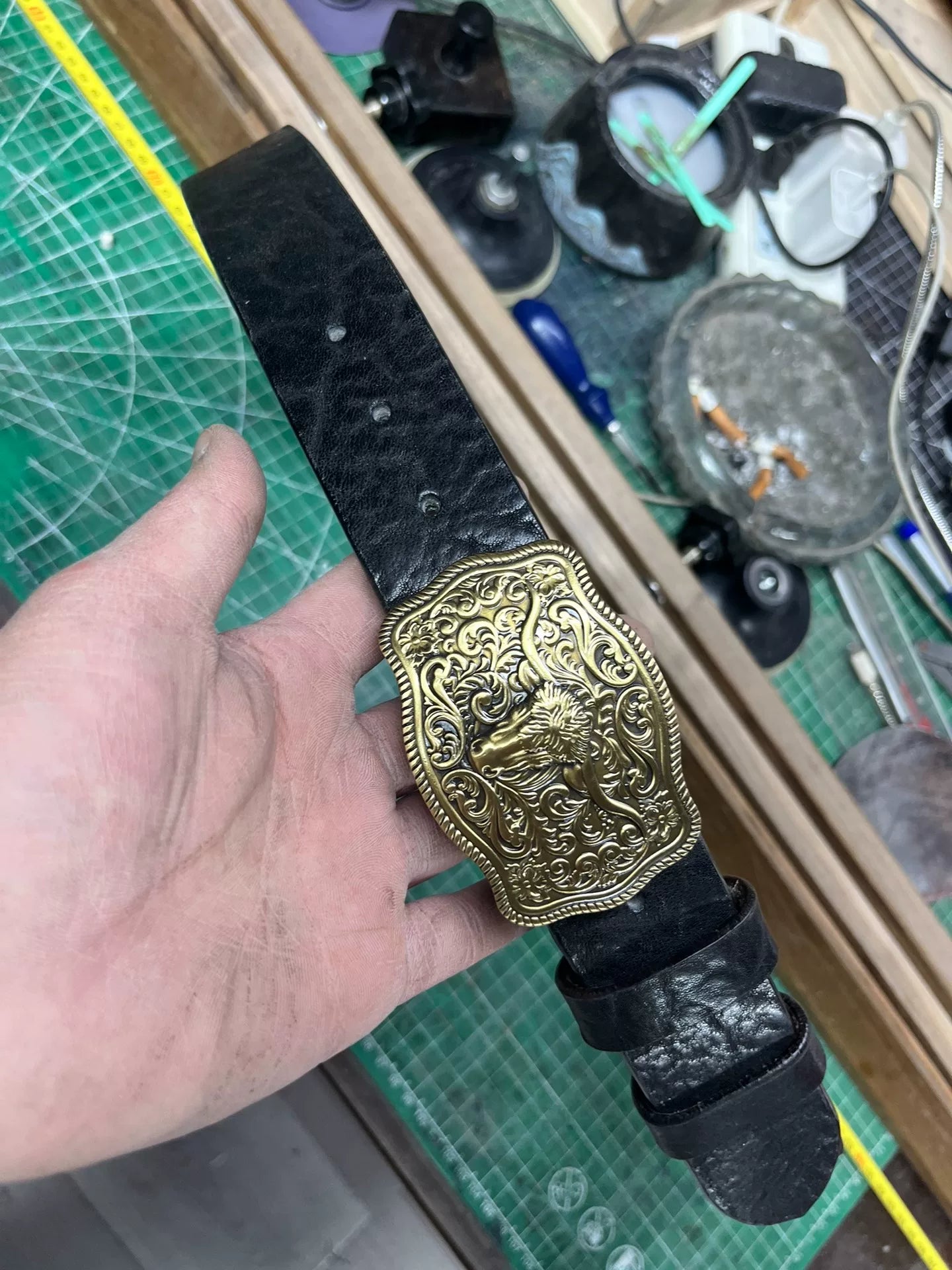 5.5mm thick black bison leather with solid brass buckle cow head be…