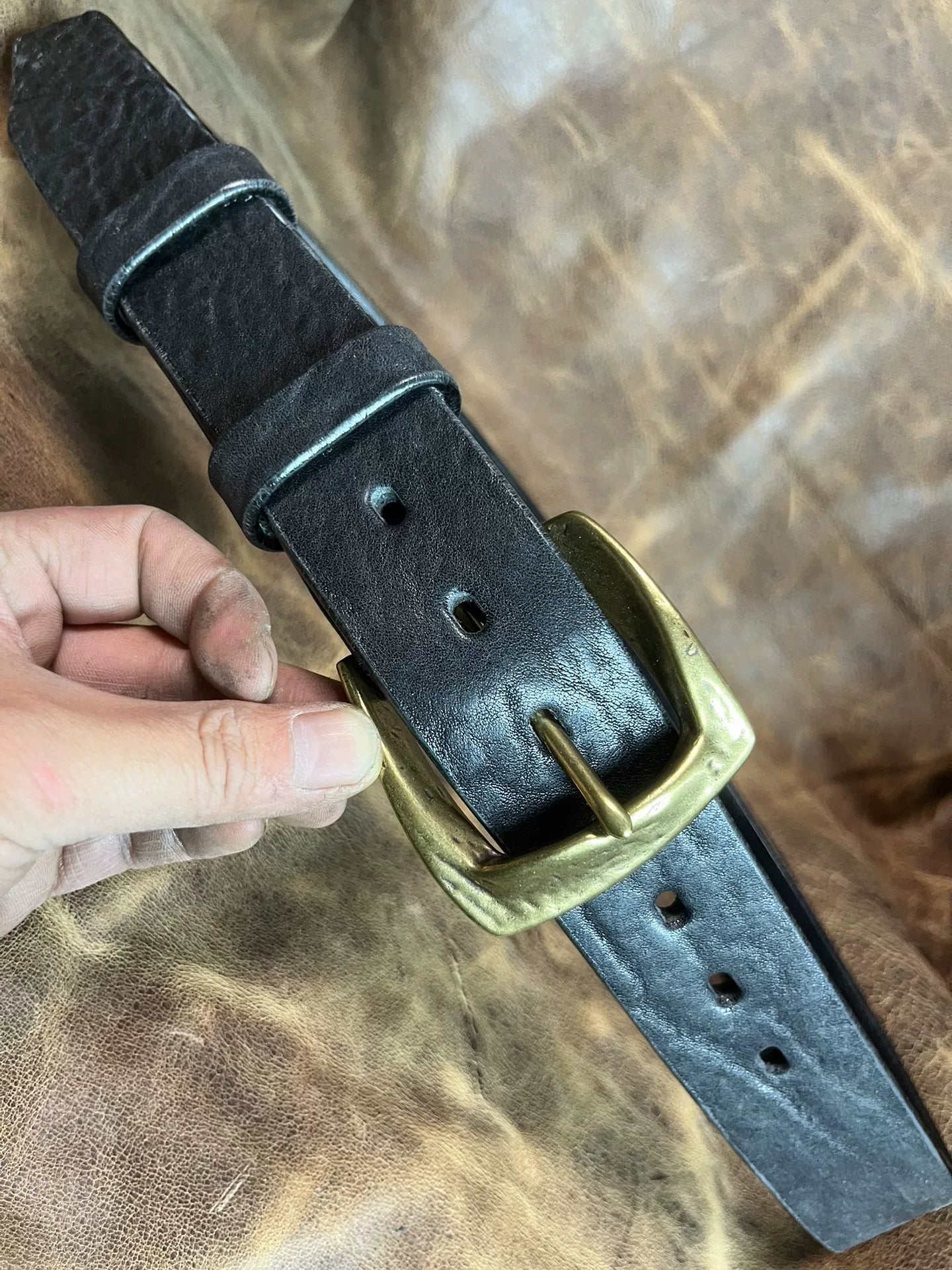 Black dyed bison leather handmade belt imported from North America