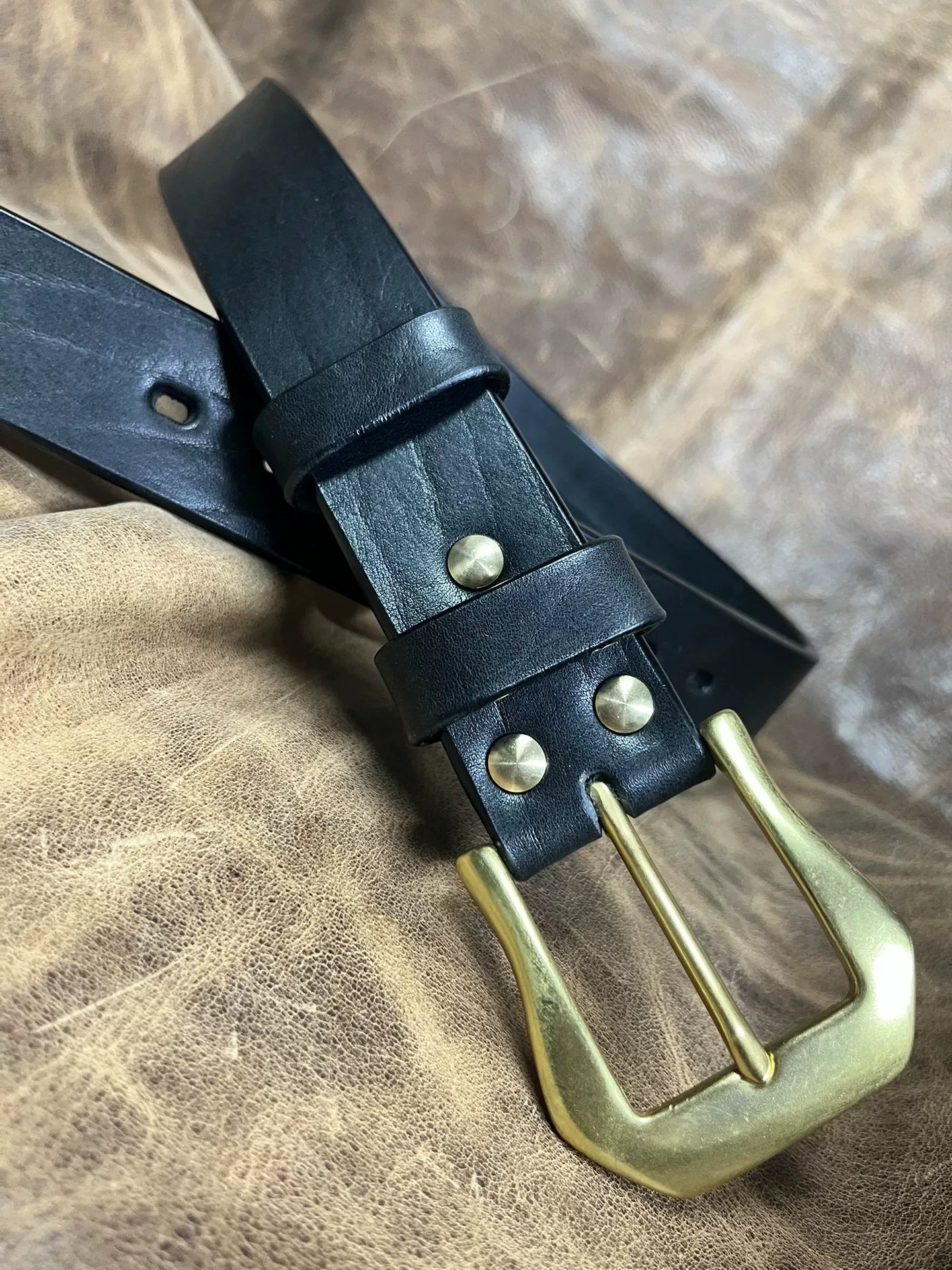 Black dyed bison leather handmade belt imported from North America