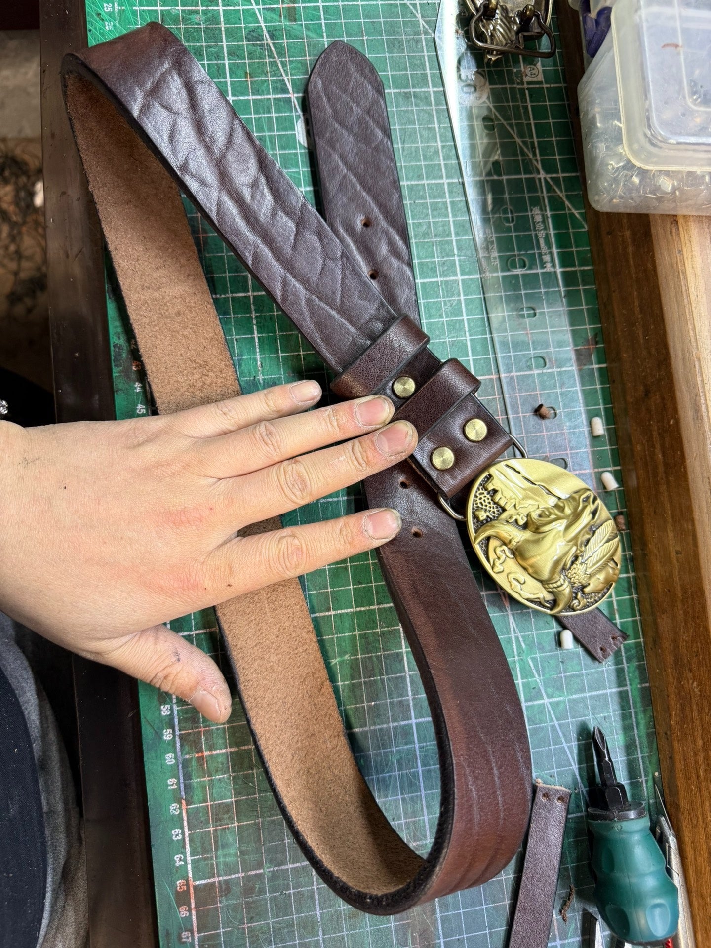 6 mm thick black bison leather handmade belt
