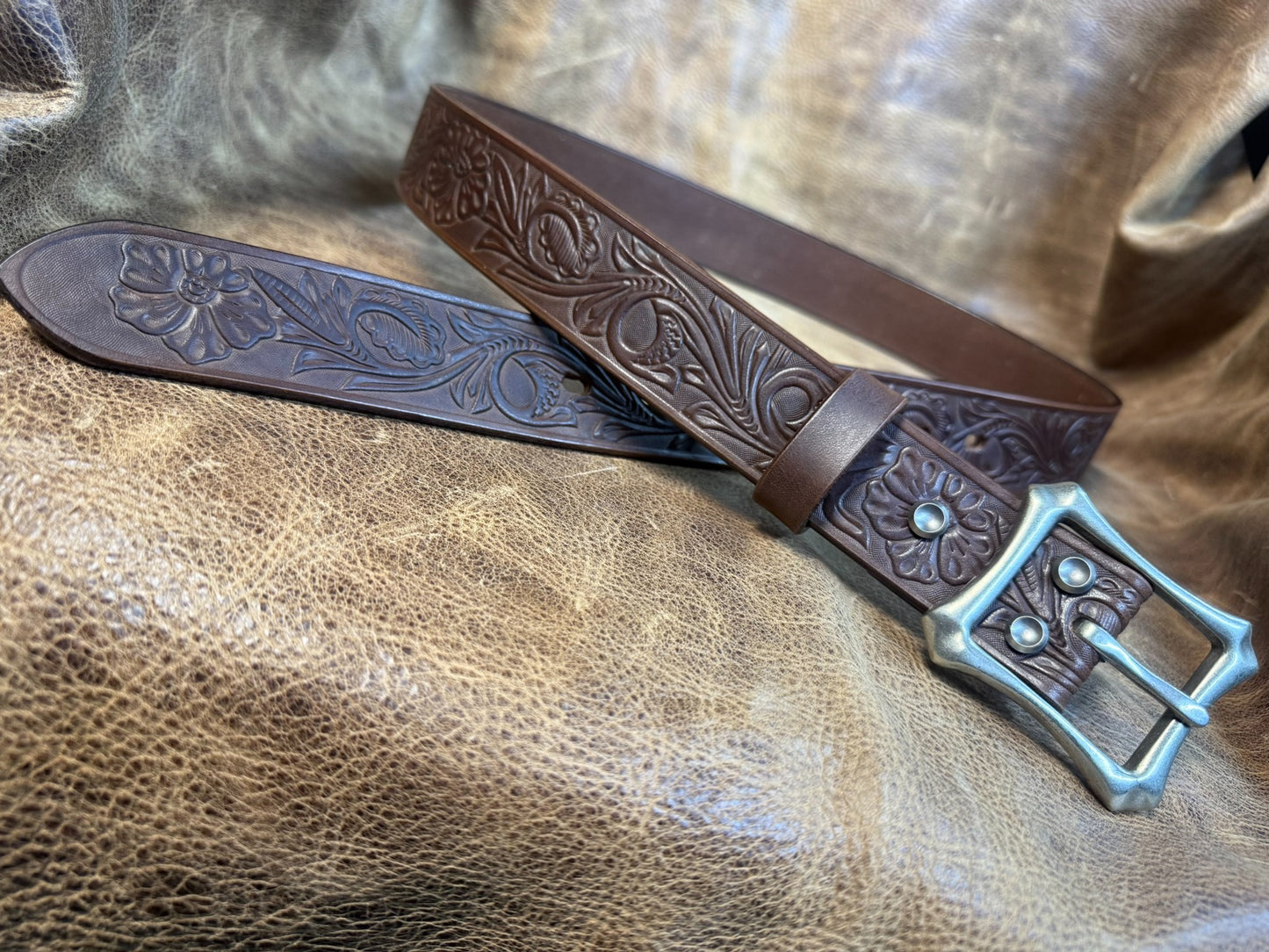 Meian's custom-made brown carved handmade belt