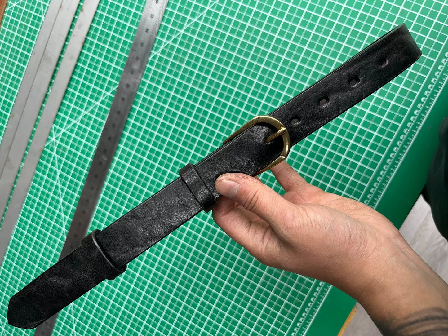 Black bison leather belt for women