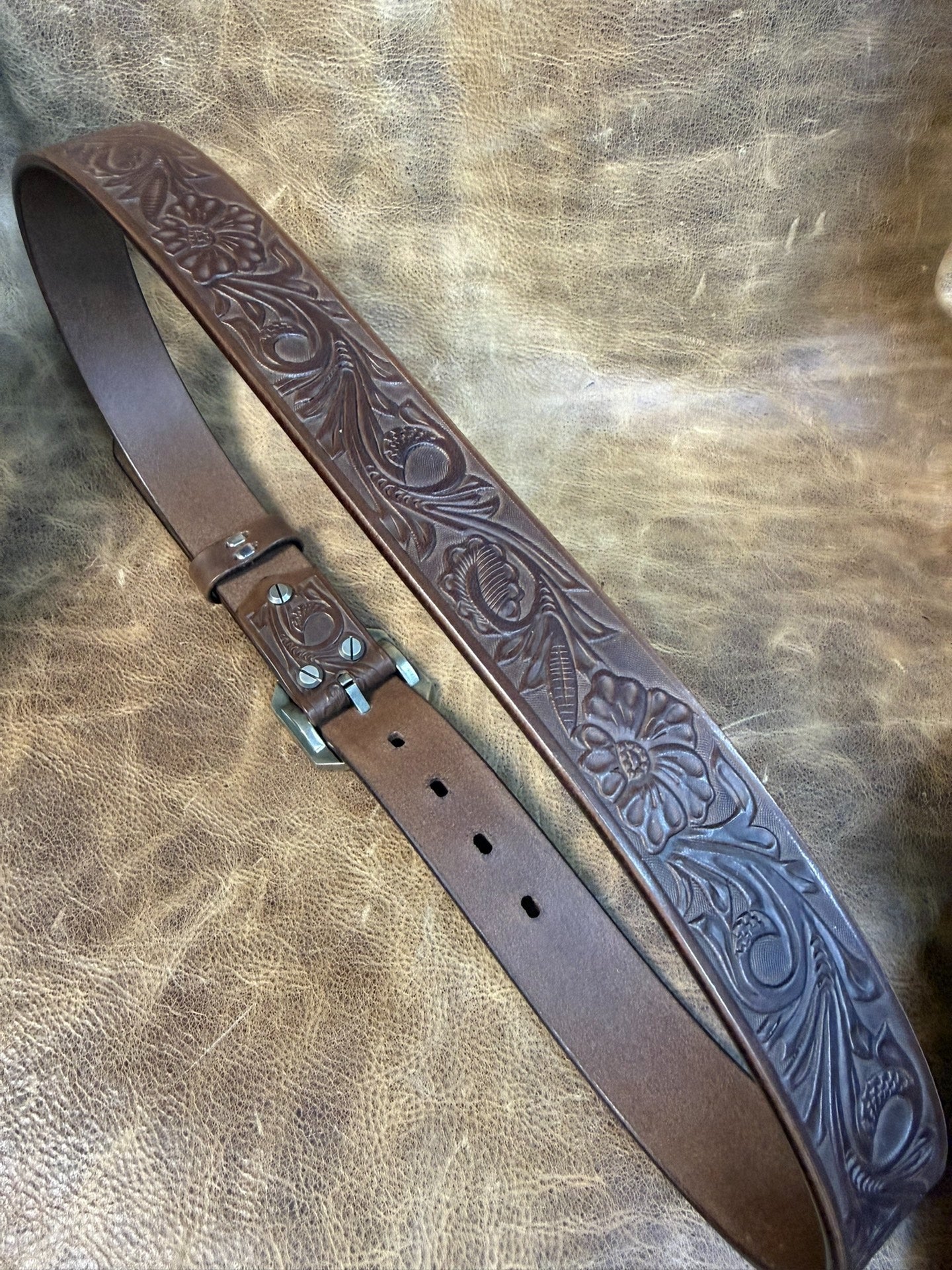 Meian's custom-made brown carved handmade belt