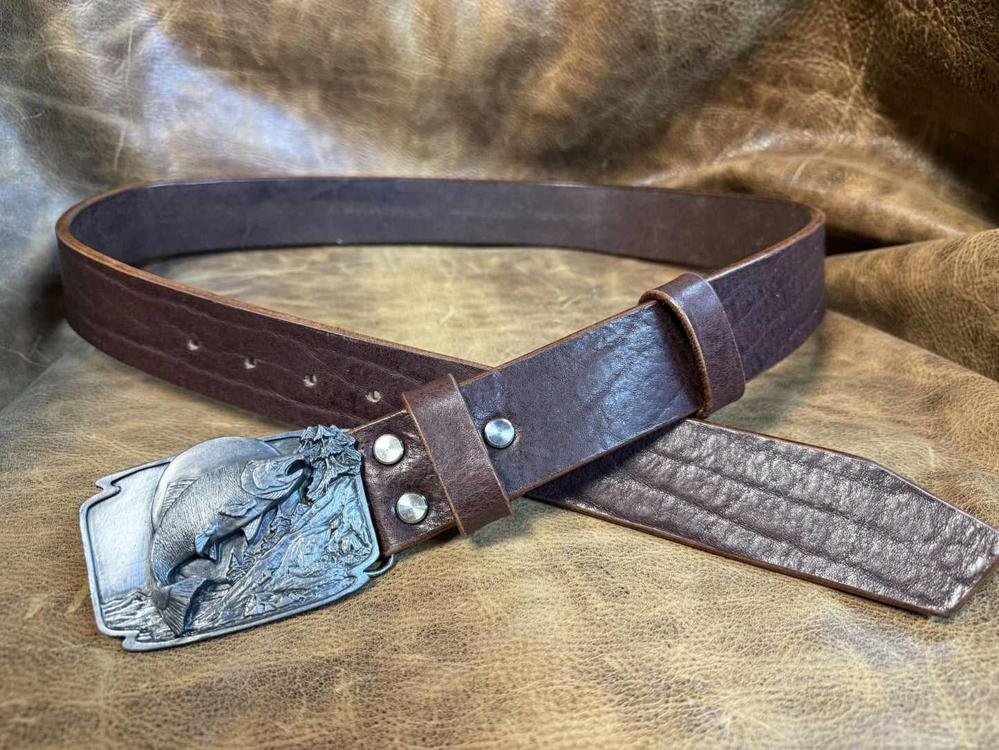 Pre-Owned Tin Plate Buckle with Coffee Buffalo Leather