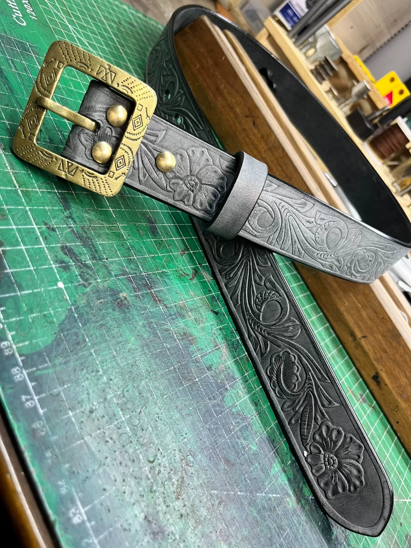 The machine-carved handmade belt of Italian horse-bridle leather is…