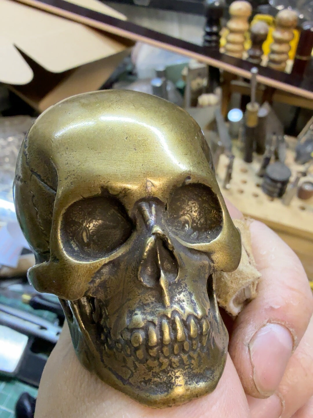 There is only one brass skull belt buckle