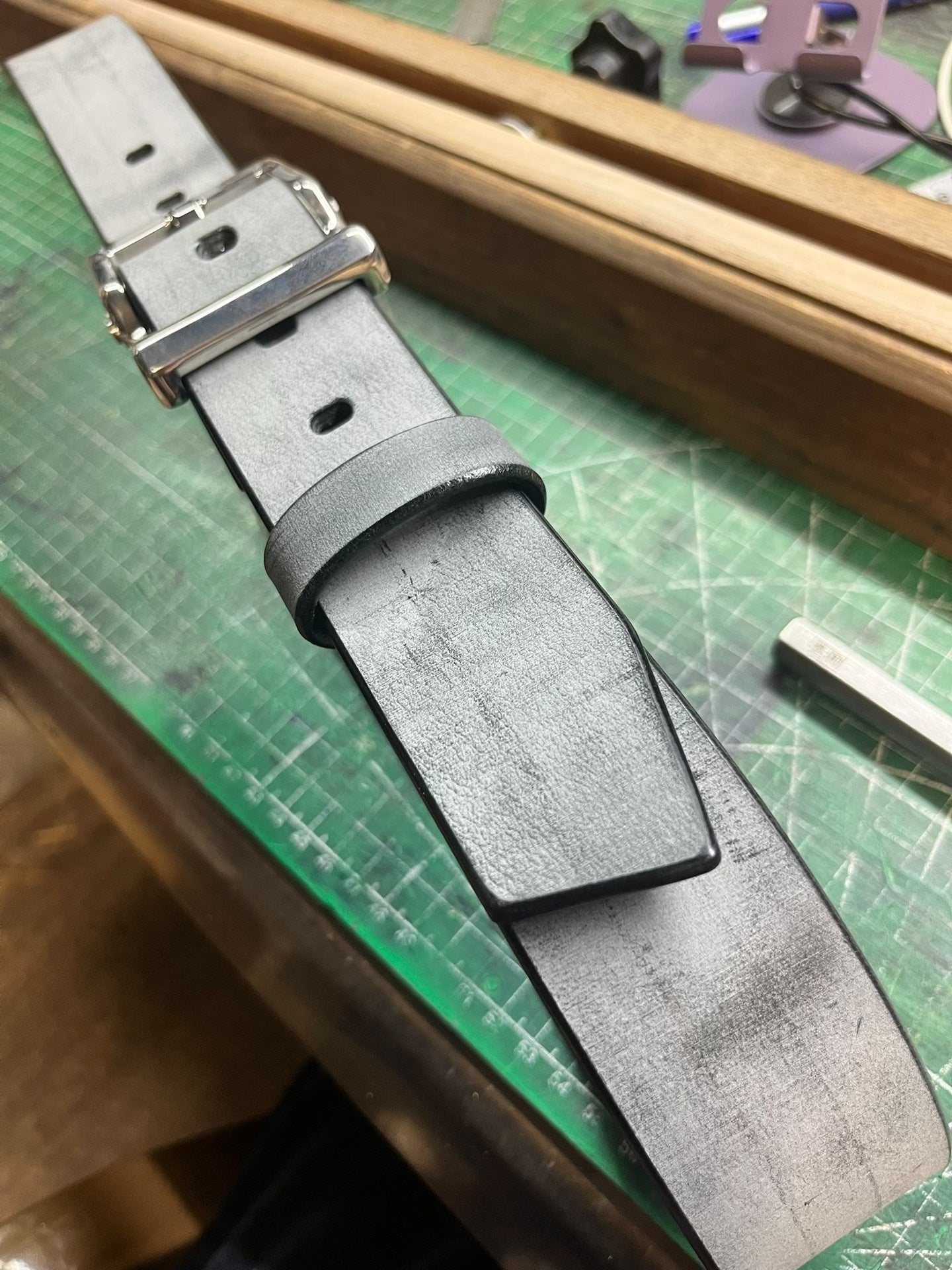 Italian matte wax horse rein leather black dyed handmade belt