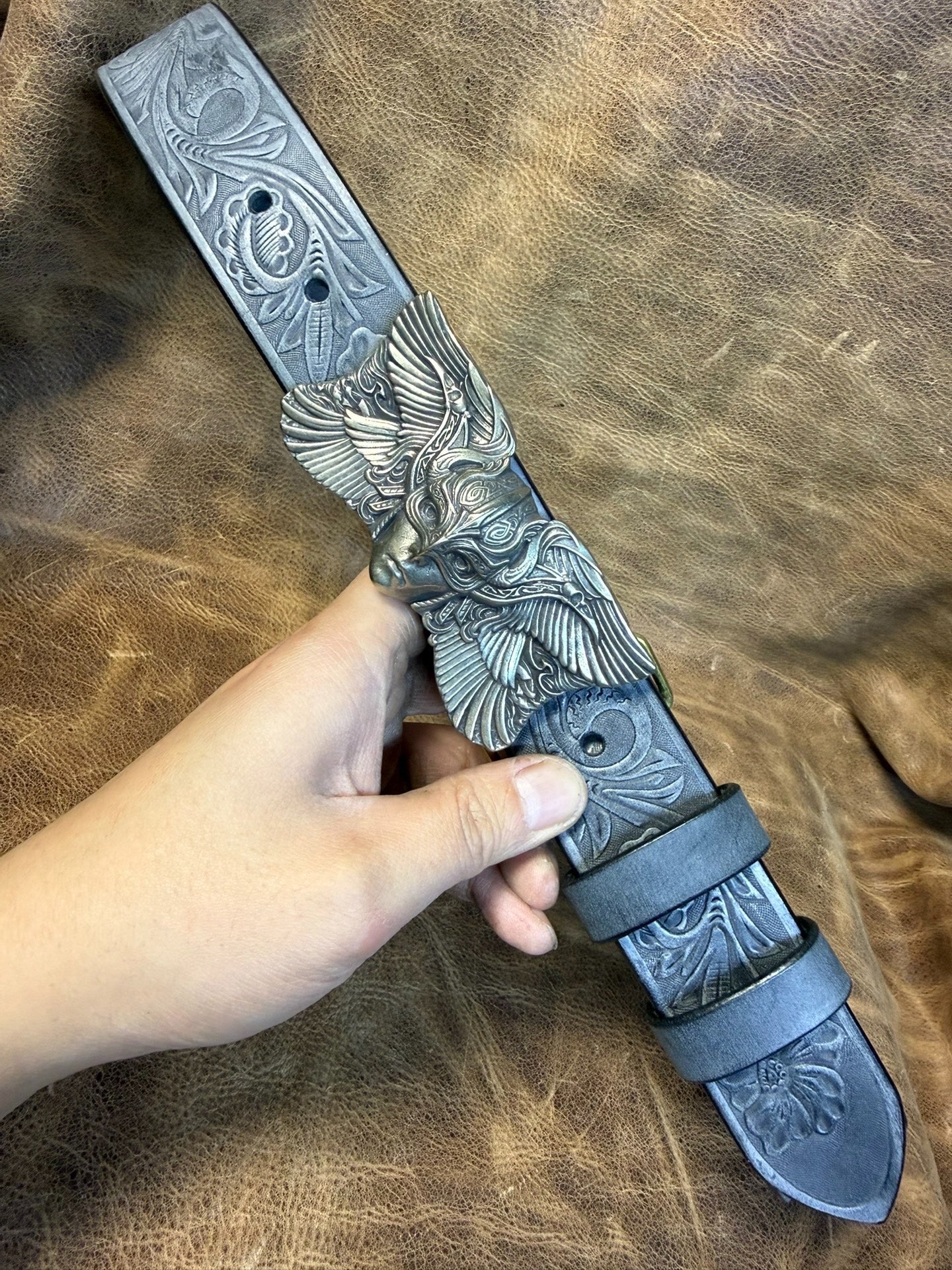 The Italian horse-rein carved handmade belt is custom-made