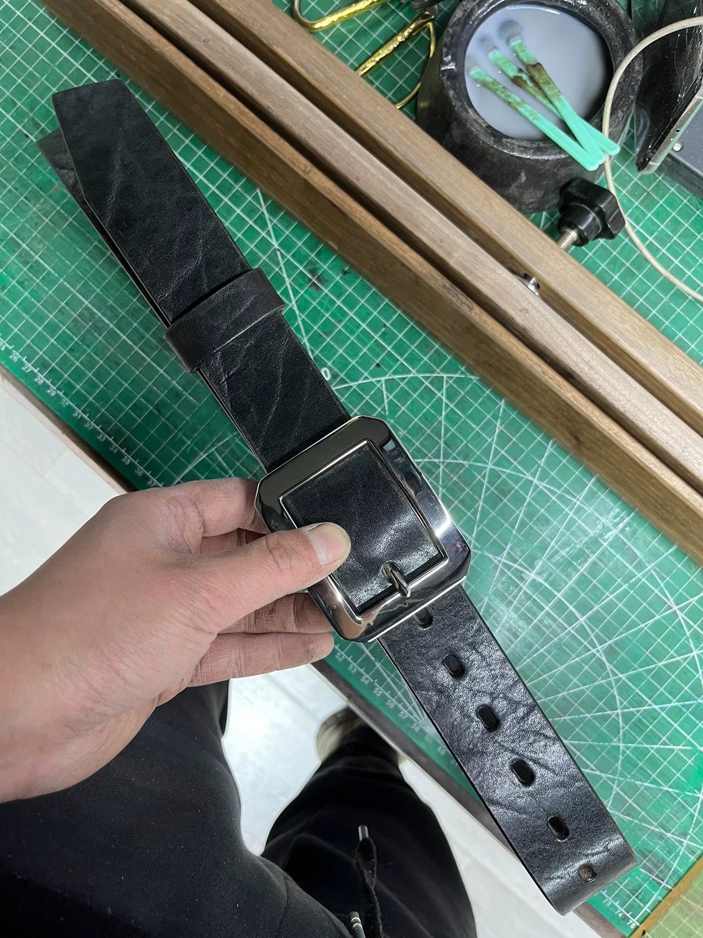 Black dyed bison leather handmade belt imported from North America