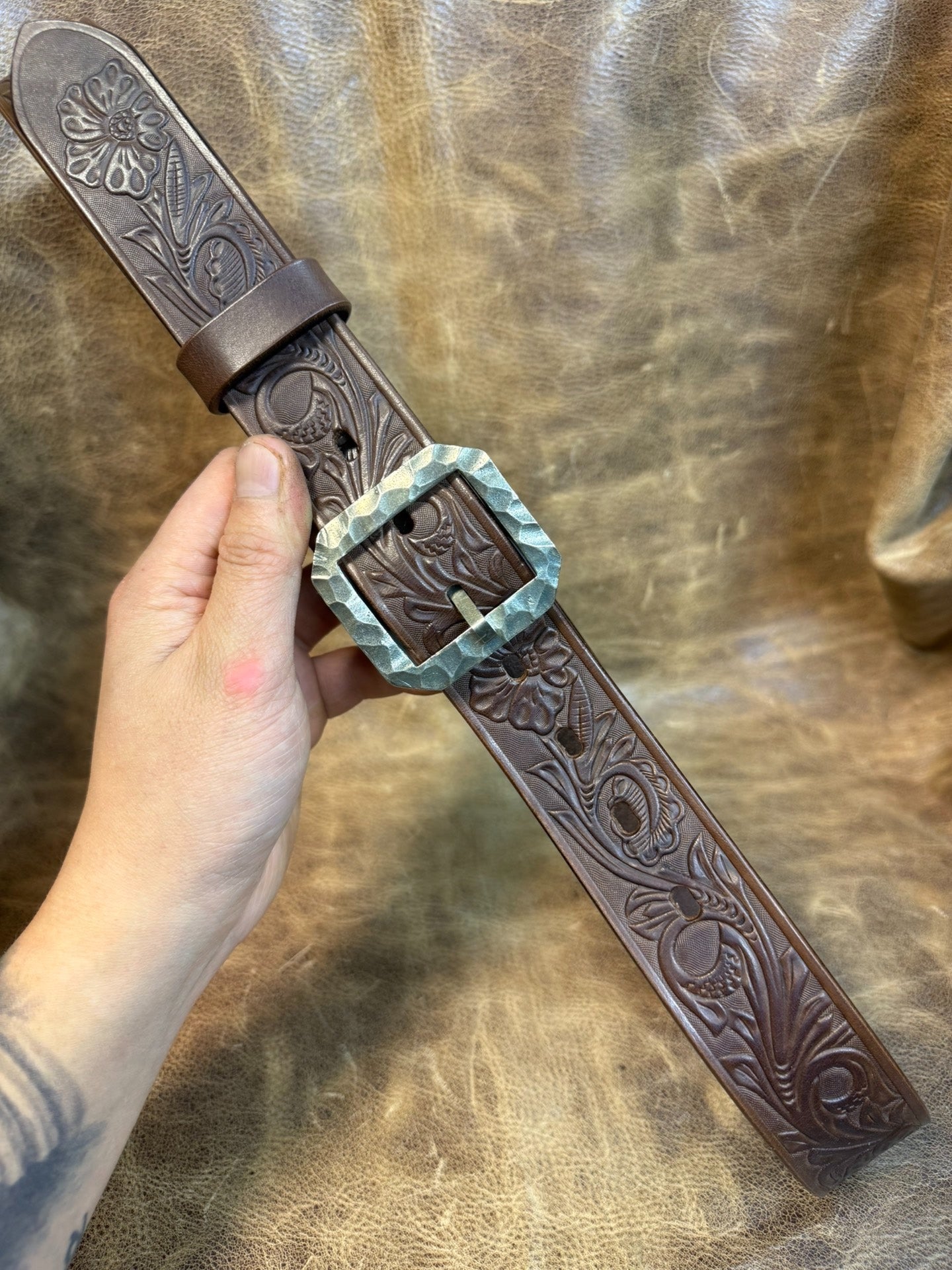 Meian's custom-made brown carved handmade belt