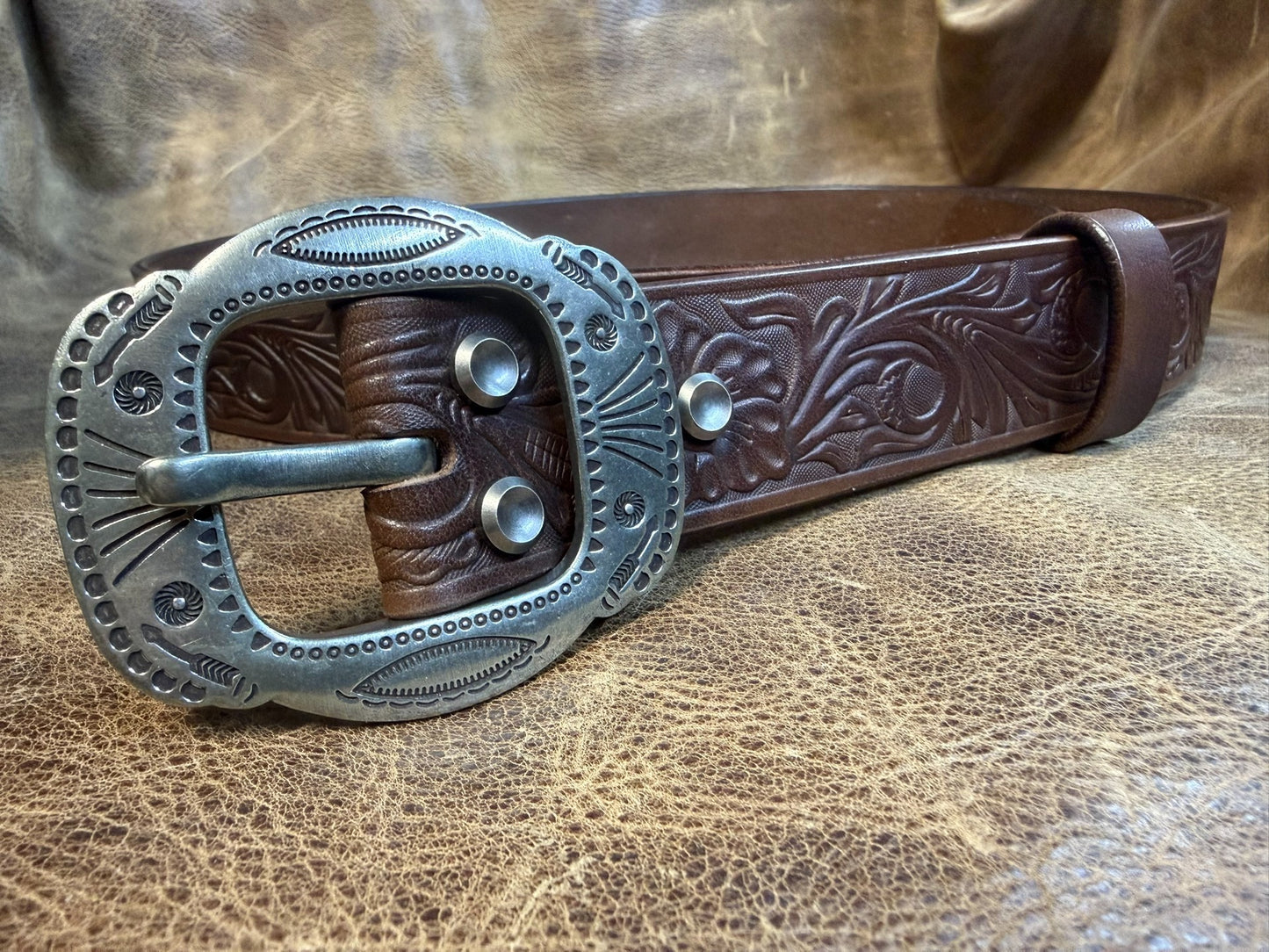 Meian's custom-made brown carved handmade belt