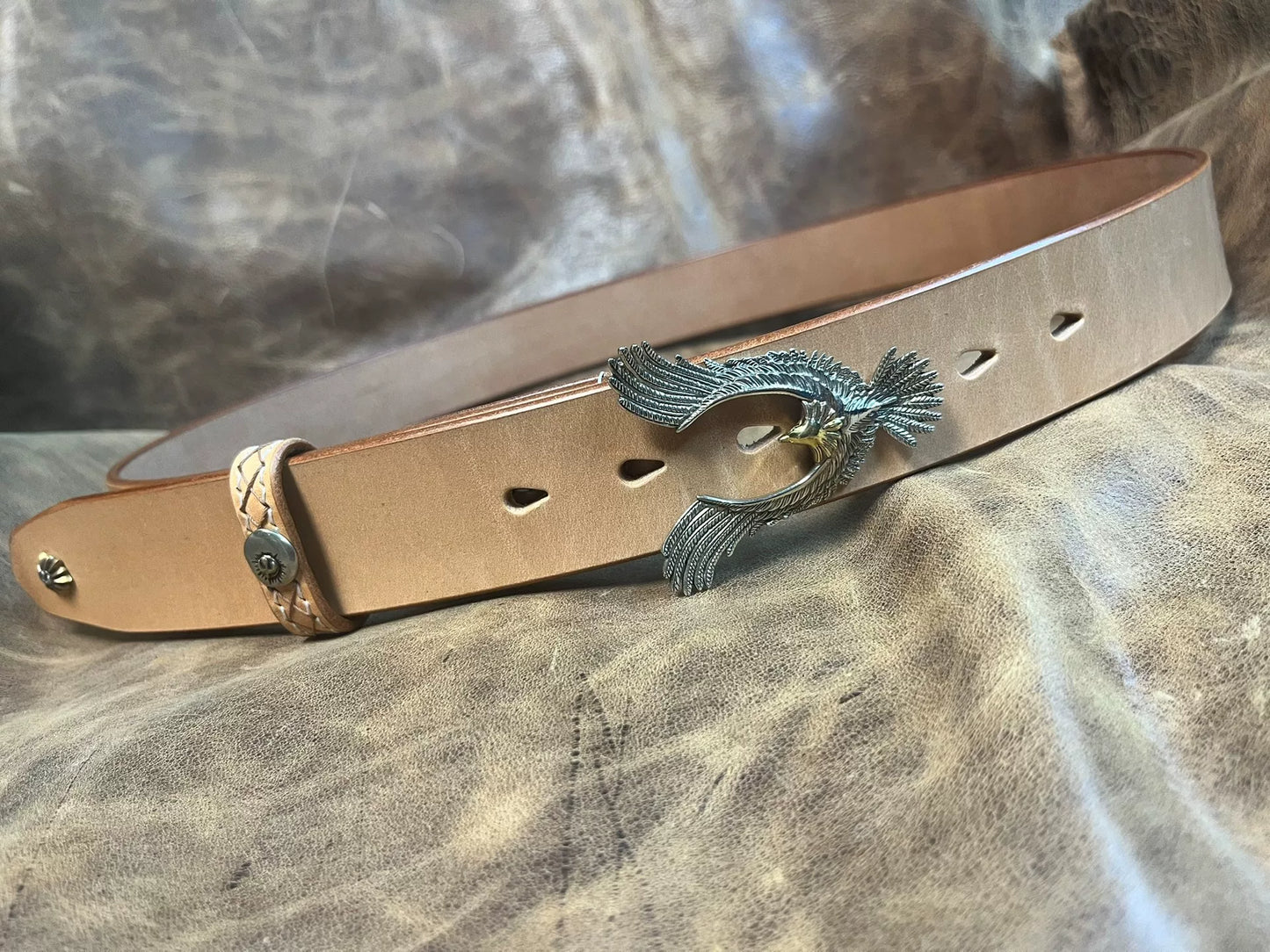 Pure copper Takahashi style eagle belt buckle with natural cowhide…