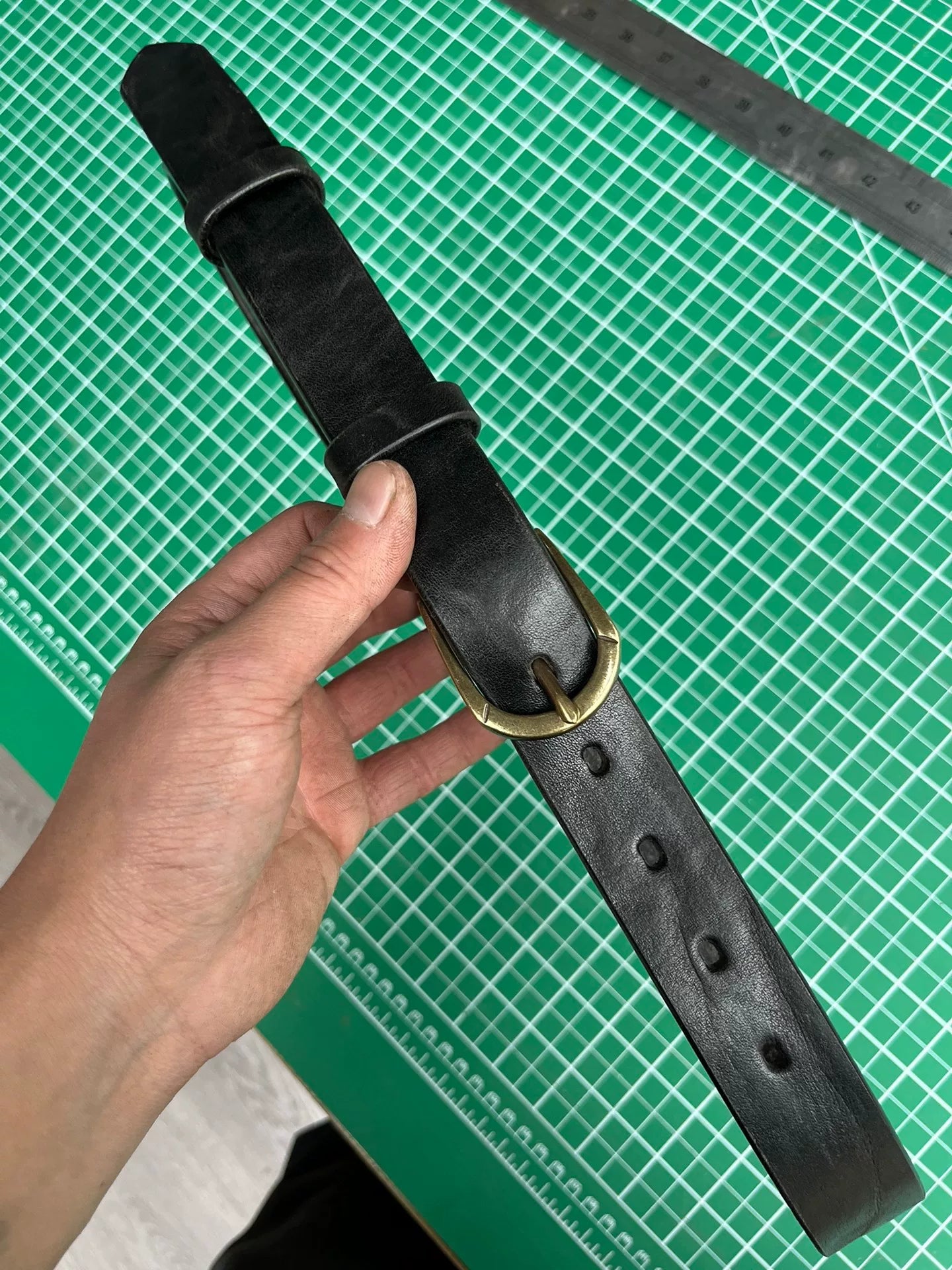 Black bison leather belt for women