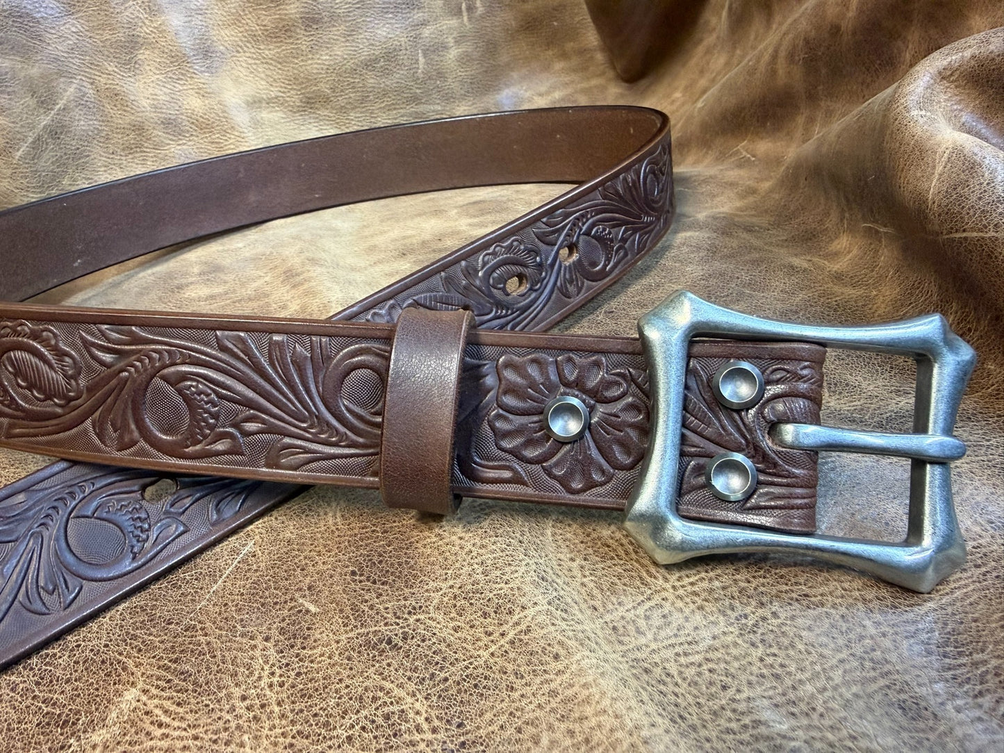 Meian's custom-made brown carved handmade belt