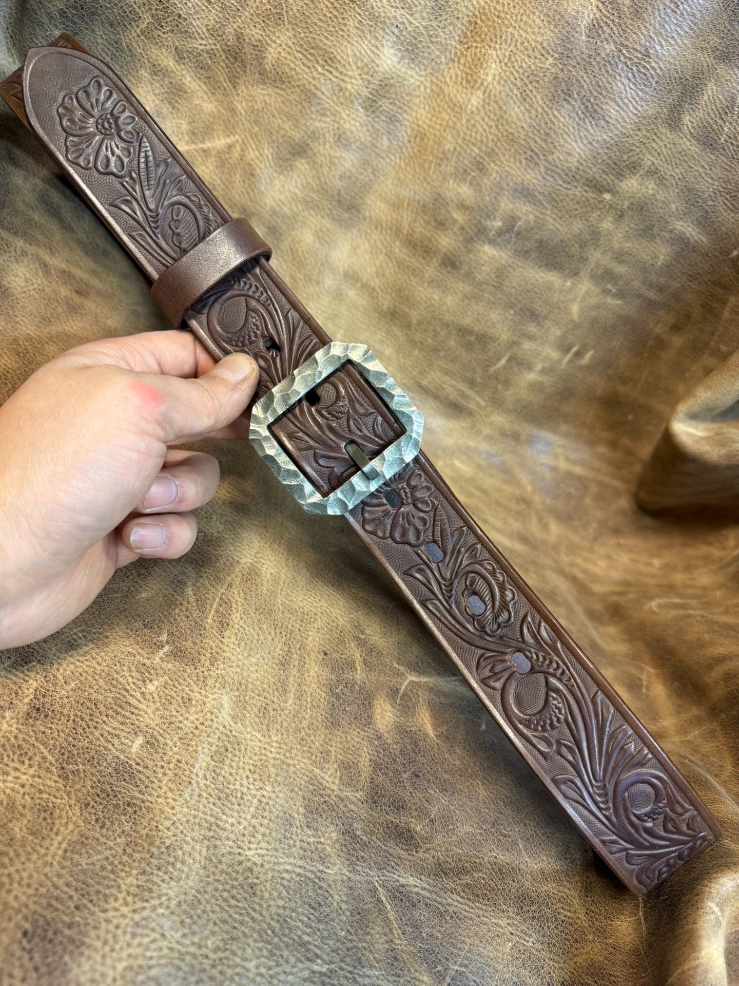 Meian's custom-made brown carved handmade belt