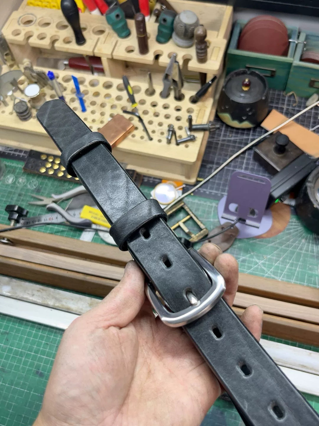 Black dyed bison leather handmade belt imported from North America