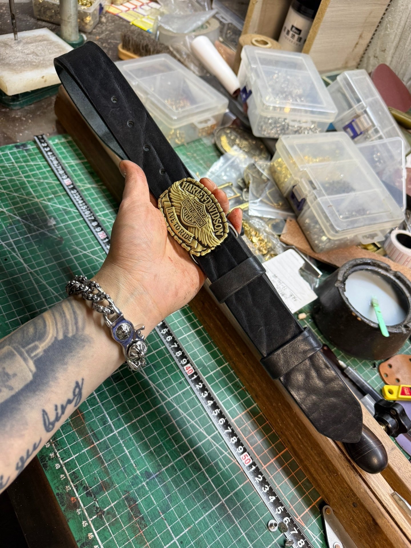 6 mm thick black bison leather handmade belt