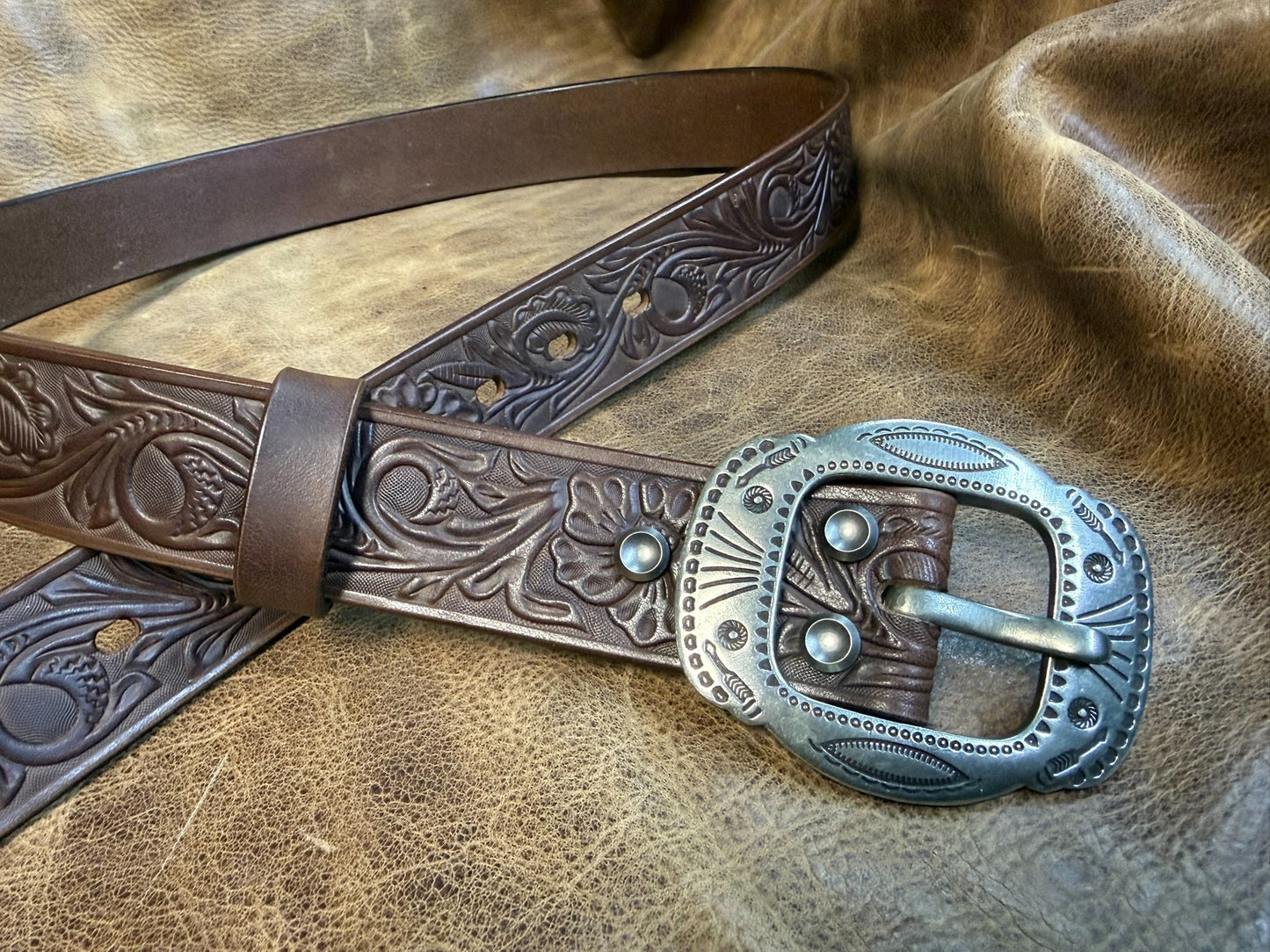 Meian's custom-made brown carved handmade belt