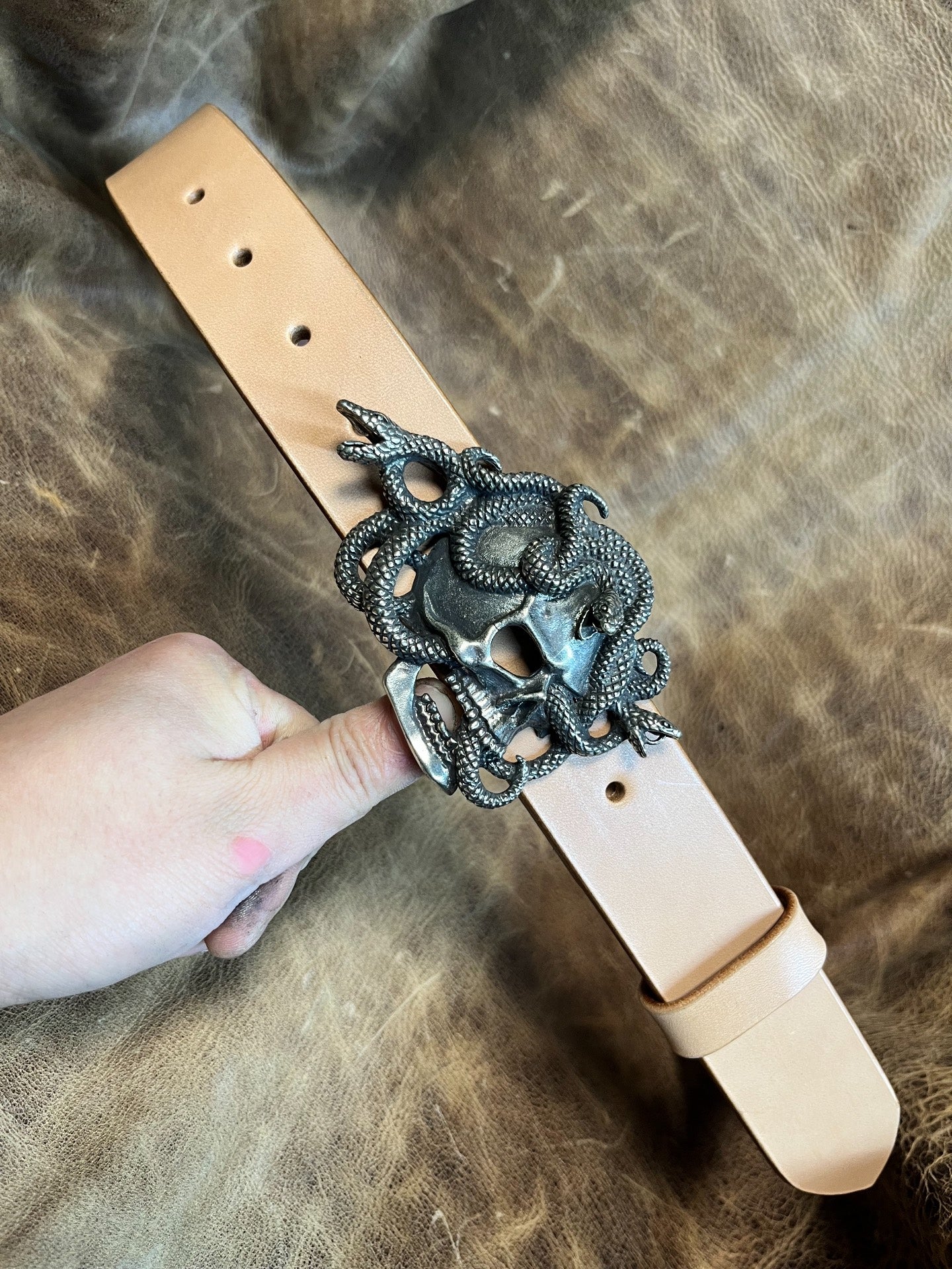 American retro skull snake pure copper and white copper belt buckle…