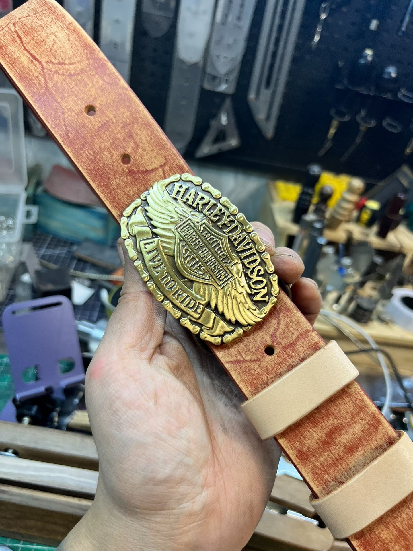 Harley Motorcycle Leather Belt — Solid Brass + Italian Top-Grain