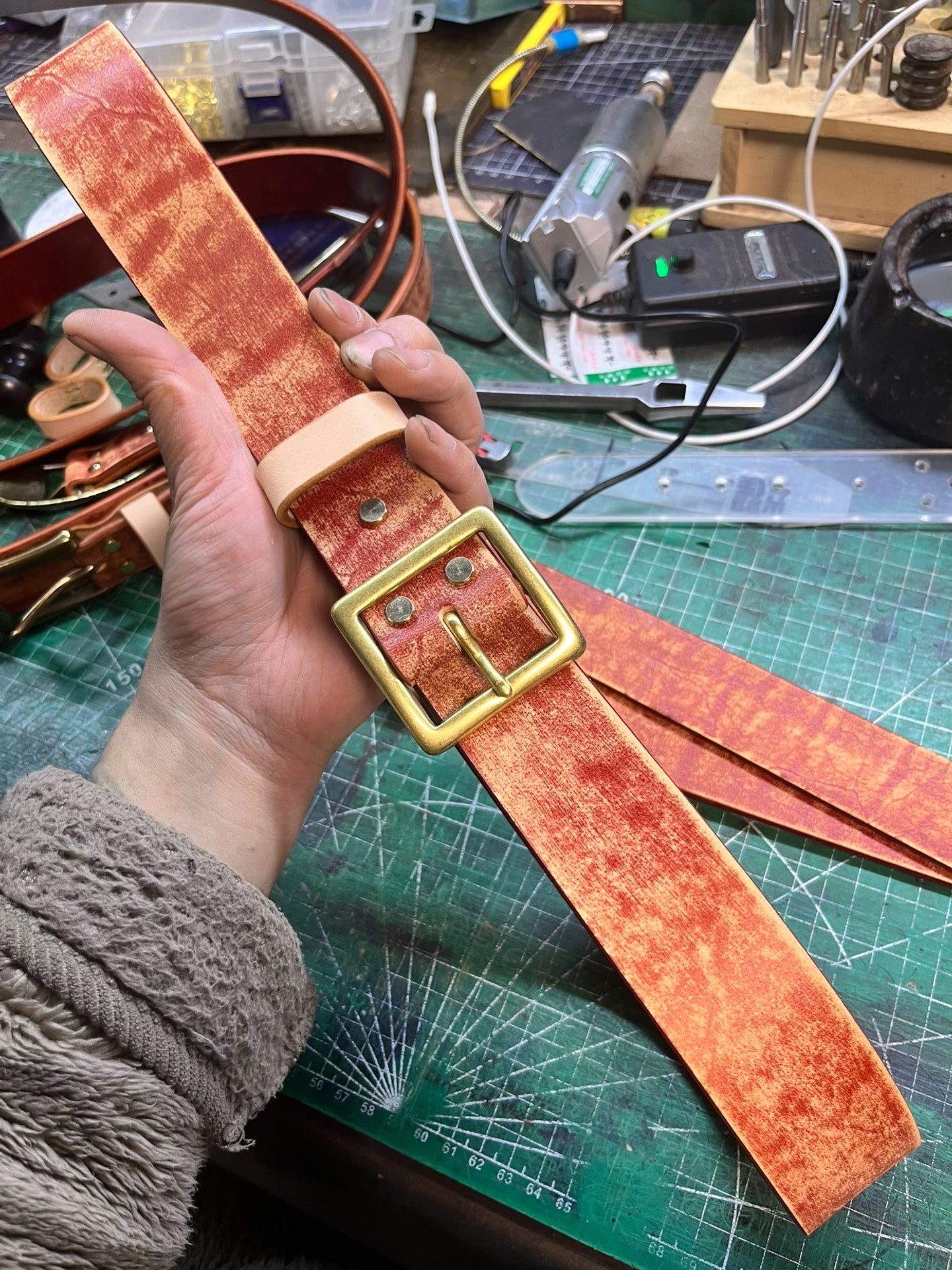 Vintage handmade cowhide leather belt on clearance