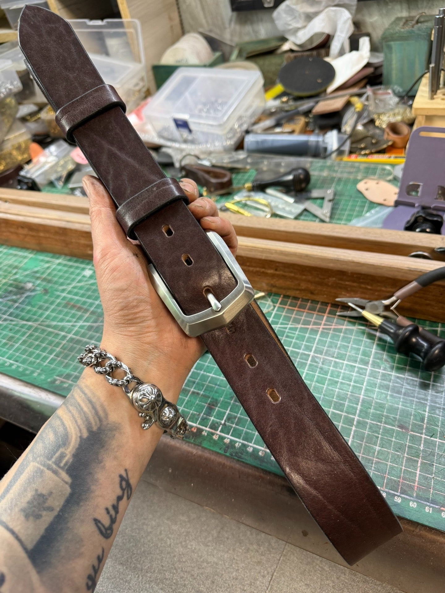 6 mm thick black bison leather handmade belt
