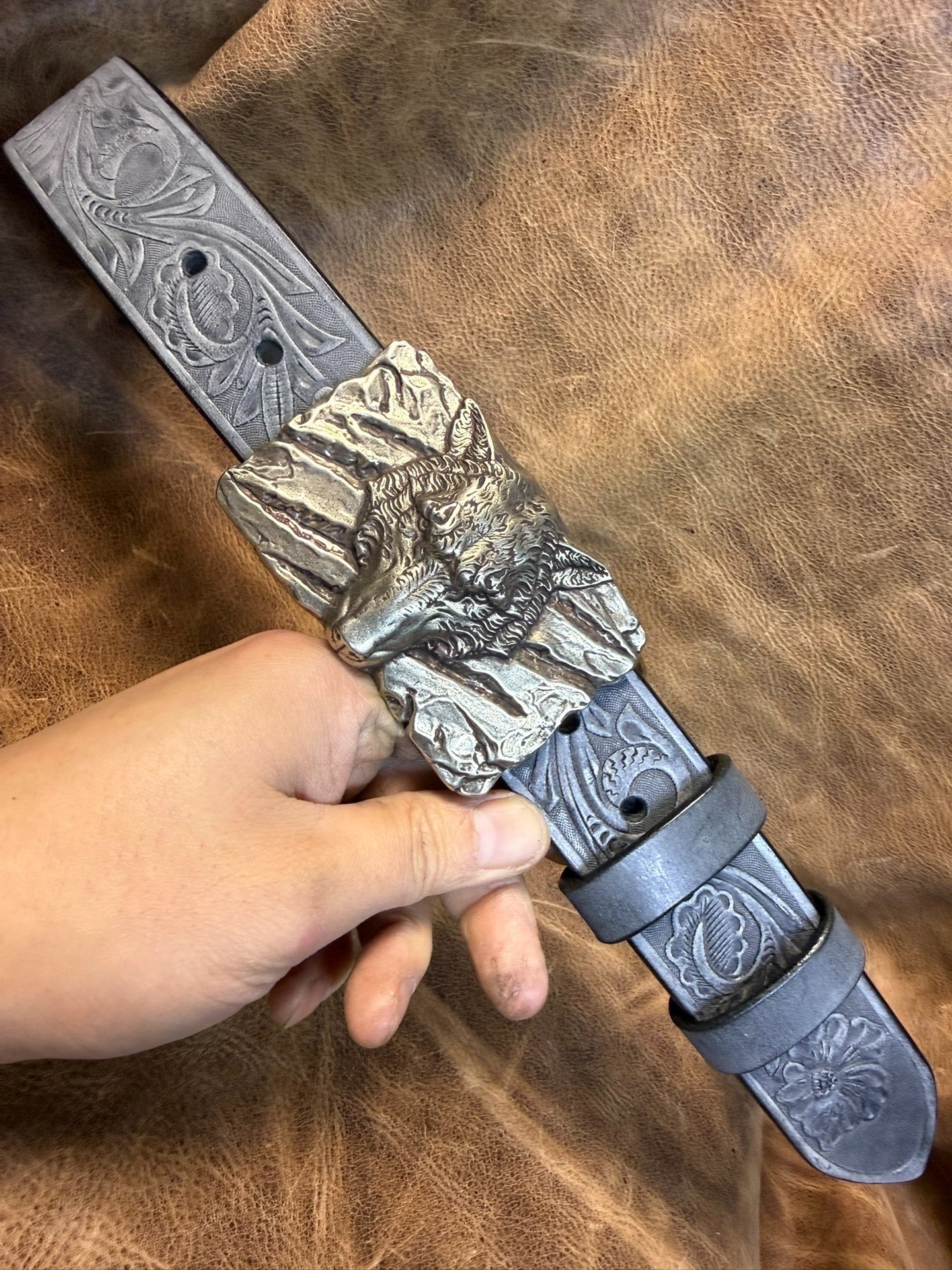 The Italian horse-rein carved handmade belt is custom-made