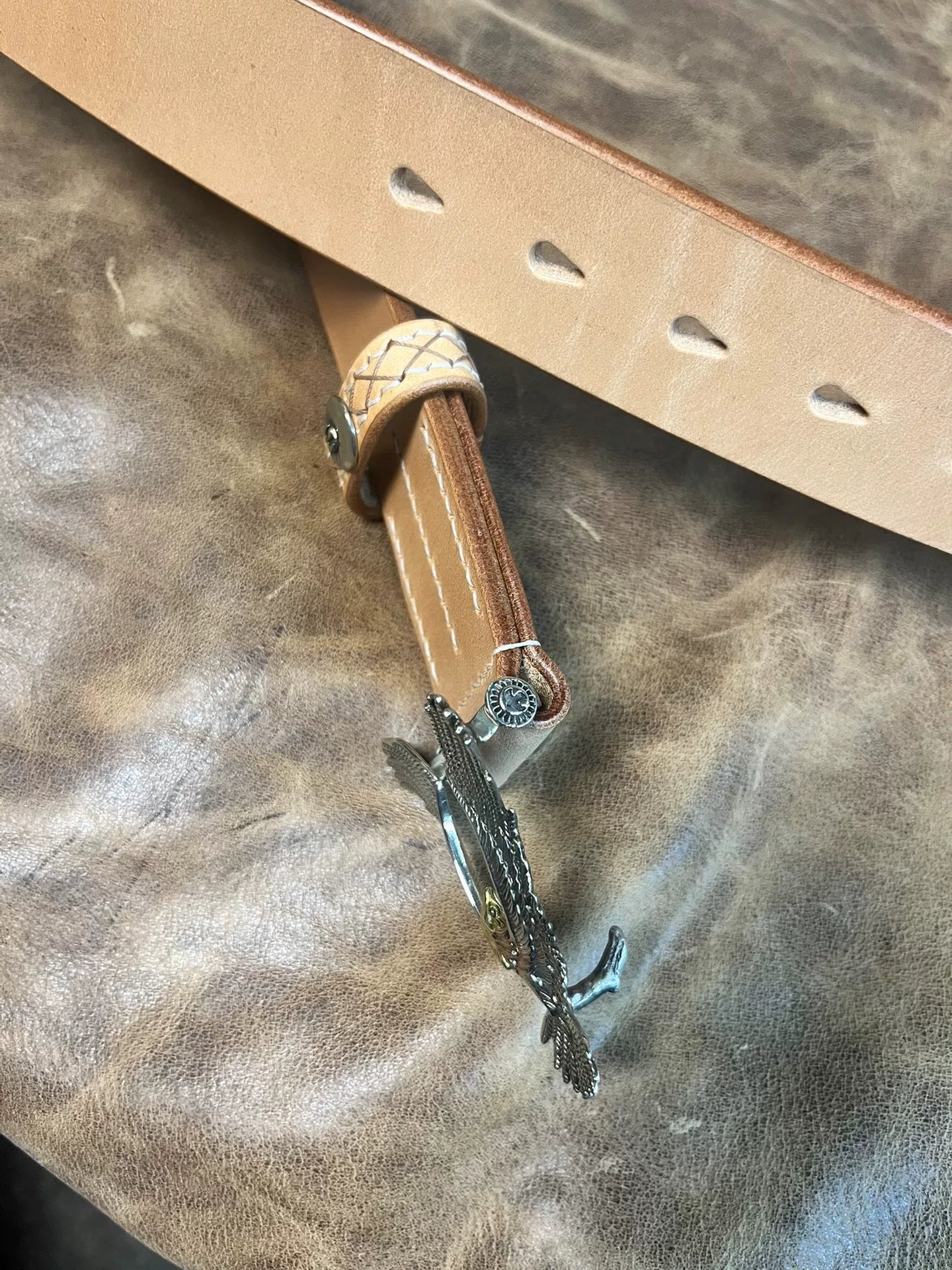 Pure copper Takahashi style eagle belt buckle with natural cowhide…