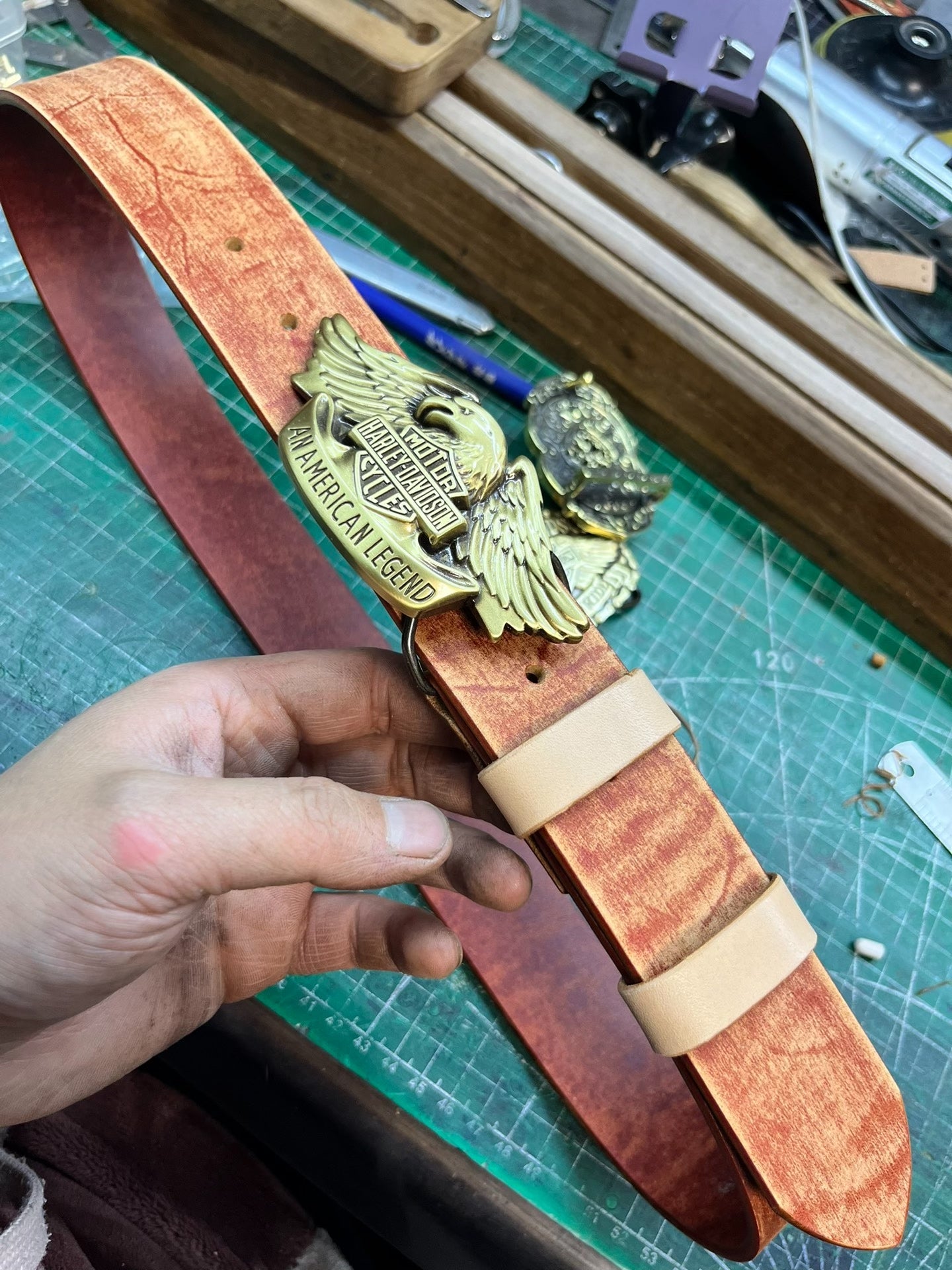 Harley Motorcycle Leather Belt — Solid Brass + Italian Top-Grain
