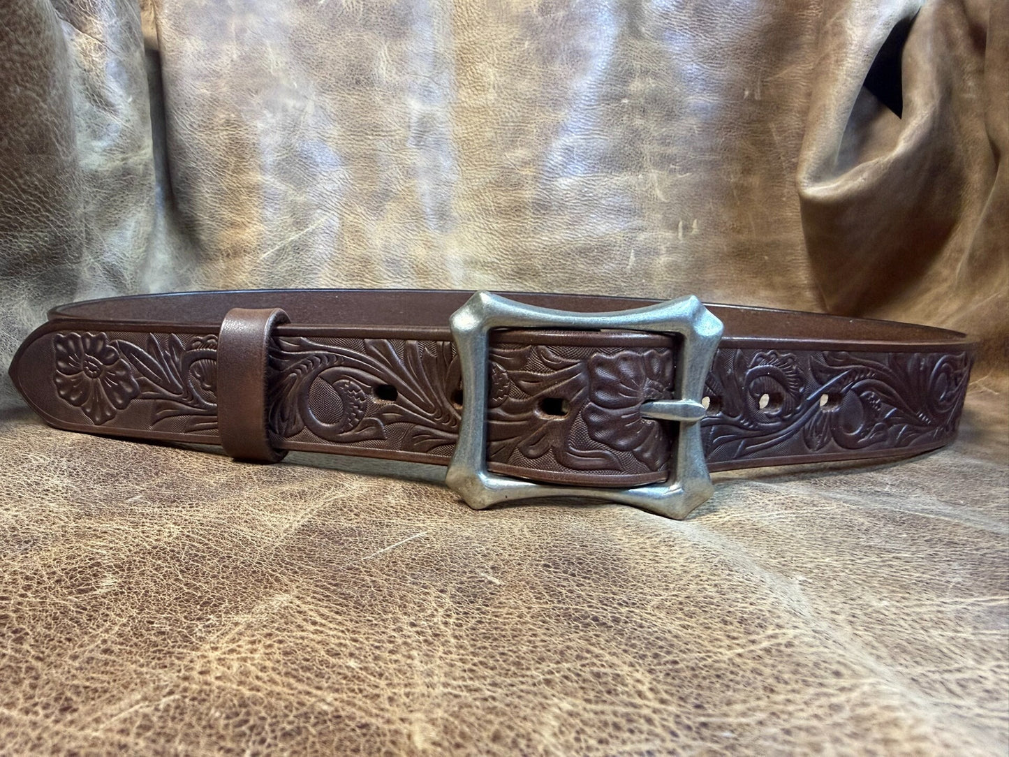 Meian's custom-made brown carved handmade belt