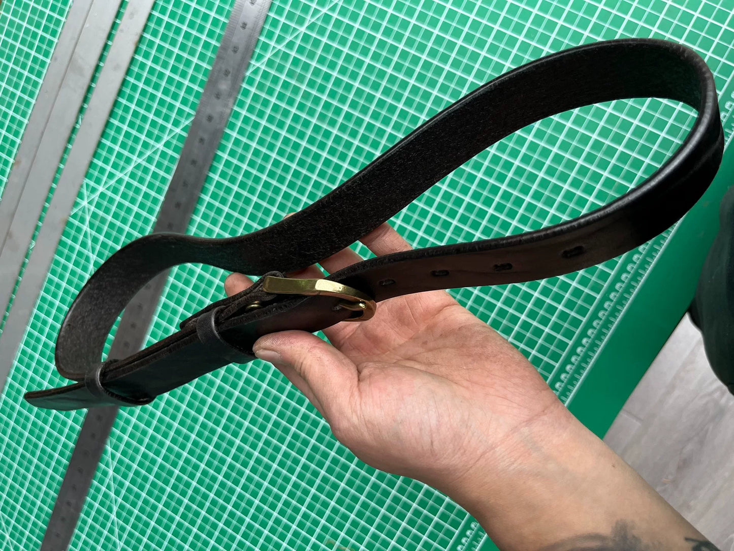 Black bison leather belt for women