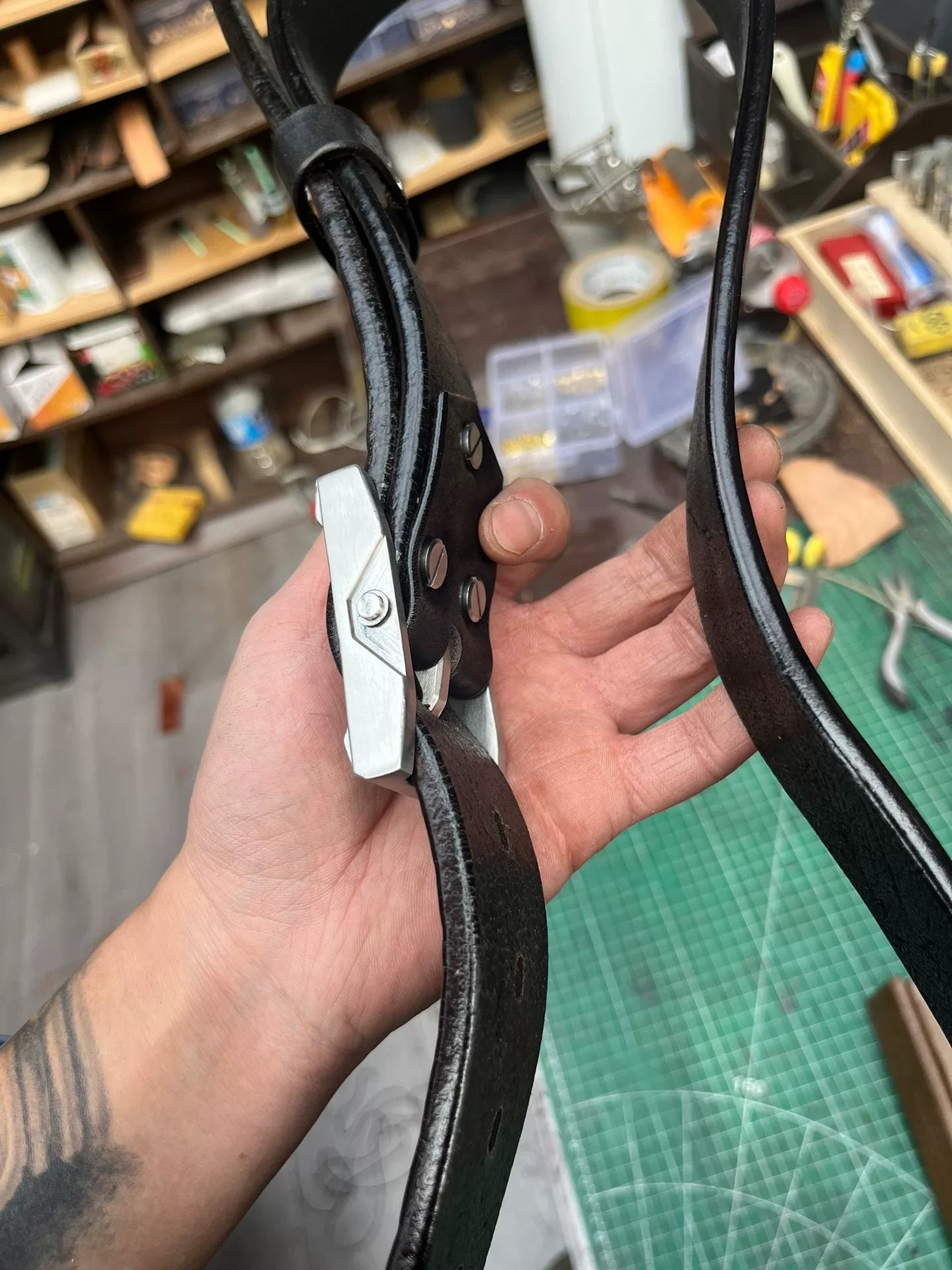 Black dyed bison leather handmade belt imported from North America