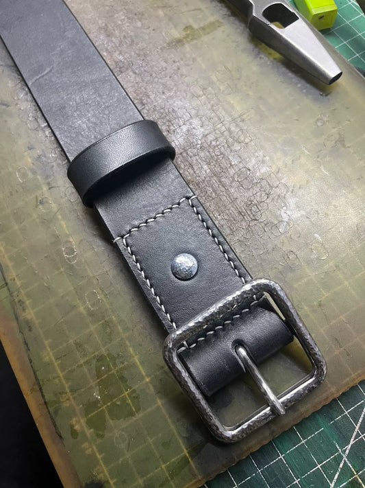 Handmade Top-Grain Leather Belt — Hammered Stainless Steel Buckle