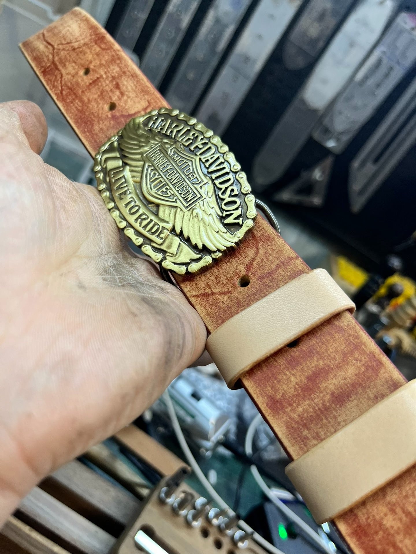 Harley Motorcycle Leather Belt — Solid Brass + Italian Top-Grain