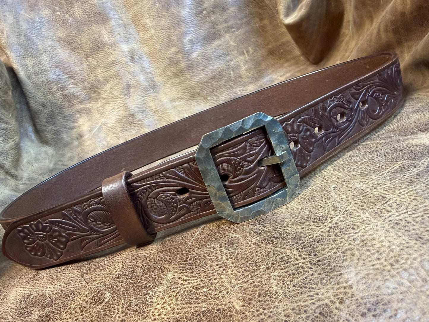 Meian's custom-made brown carved handmade belt